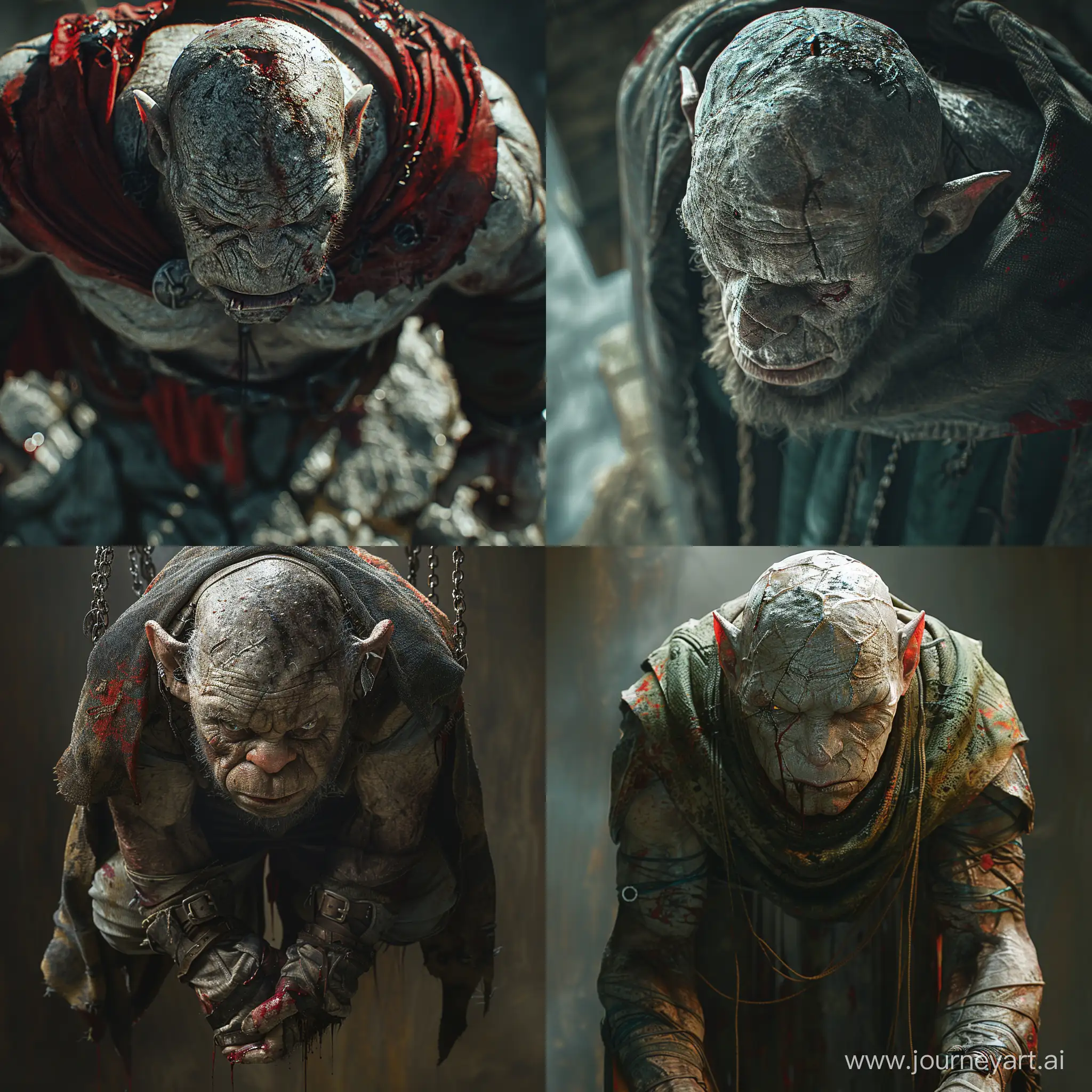 realistic troll, looking down, cinematic, dark, prime 1 studio, (awe-inspiring:1.1), majestic, pompous, (floating in mid-air:1.5), (leviating:1.5), extreme detailed, flowing cape, chiaroscuro, harsh shadows, bloody highly detailed --style raw --stylize 500