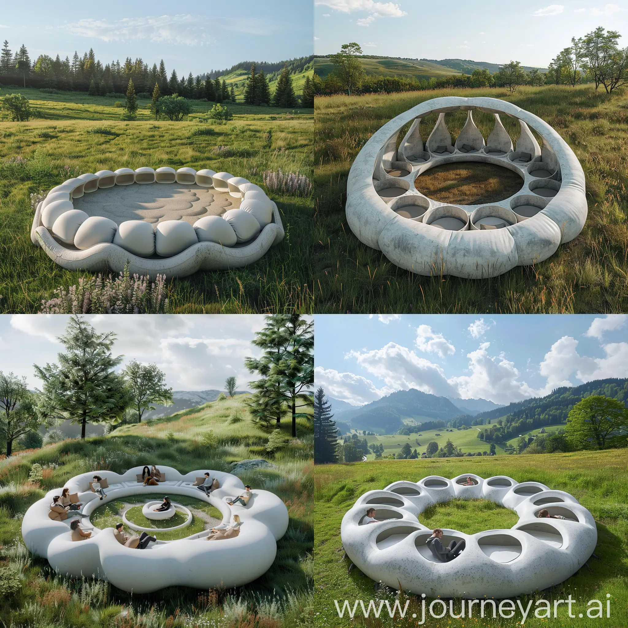 Cama circular gigante en forma de nube de cemento en un prado con espacios individuales para 12 personas, semienterrada, con bordes inflados, blanco