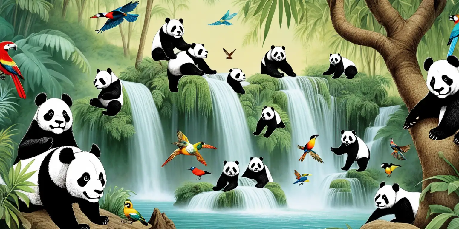 Panda Bears Enjoying Waterfall Bliss with Playful Monkeys and Tropical Birds