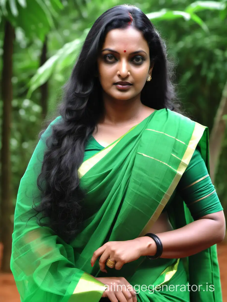 A 40 years old kerala woman who looks like malayalam movie actress Swetha Menon. The woman is wearing a green saree with green blouse. The woman has very long hair. 