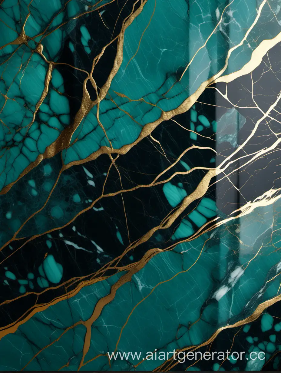 Teal green marble stone with gold vein. Vivid graphite texture wallpaper background.