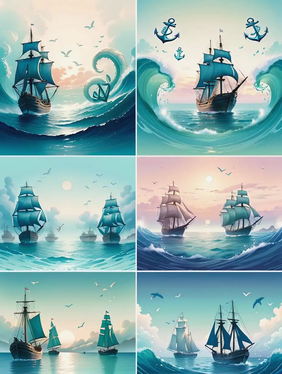 Oceanic illustration of the sea full of life, as gentle background papers with, ships and anchors in soft faded complimentary colours