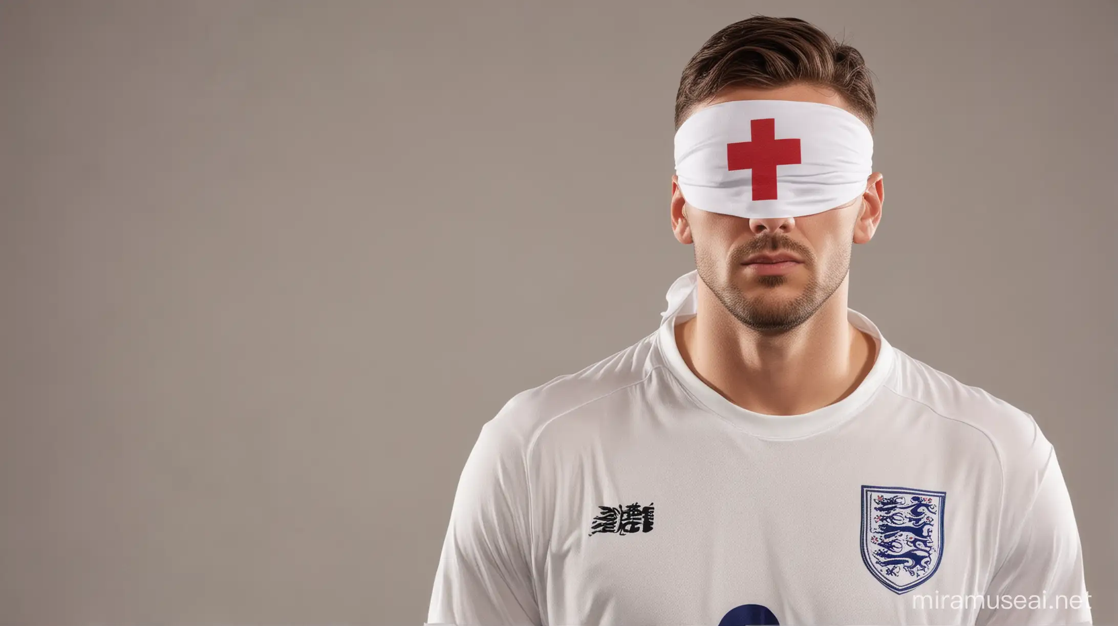 show me a realistic blindfolded man with an england football team jersey ready to take a penalty 
