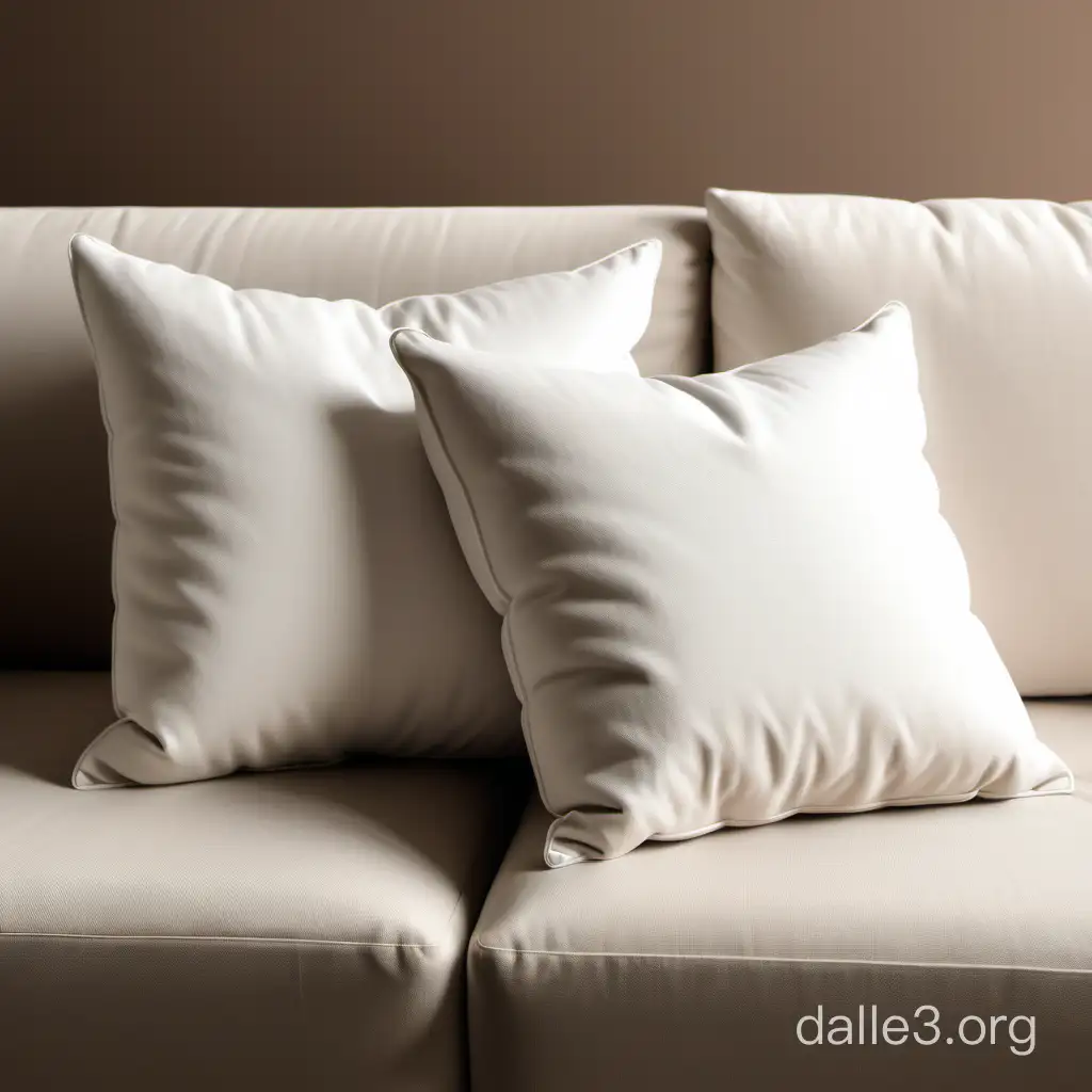 две белые  квадратные подушки  лежат на диване  в комнате в приятных бежевых оттенках