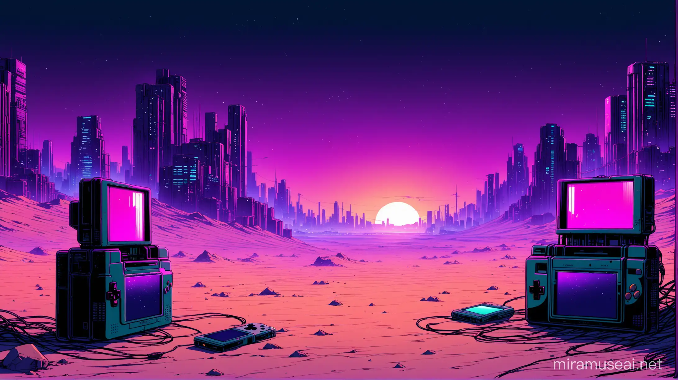 a gameboy lost in an abandonned desert, cyberpunk, akira, dystopian synthwave abandonned city, lot of colors, night, abandonned broken computers