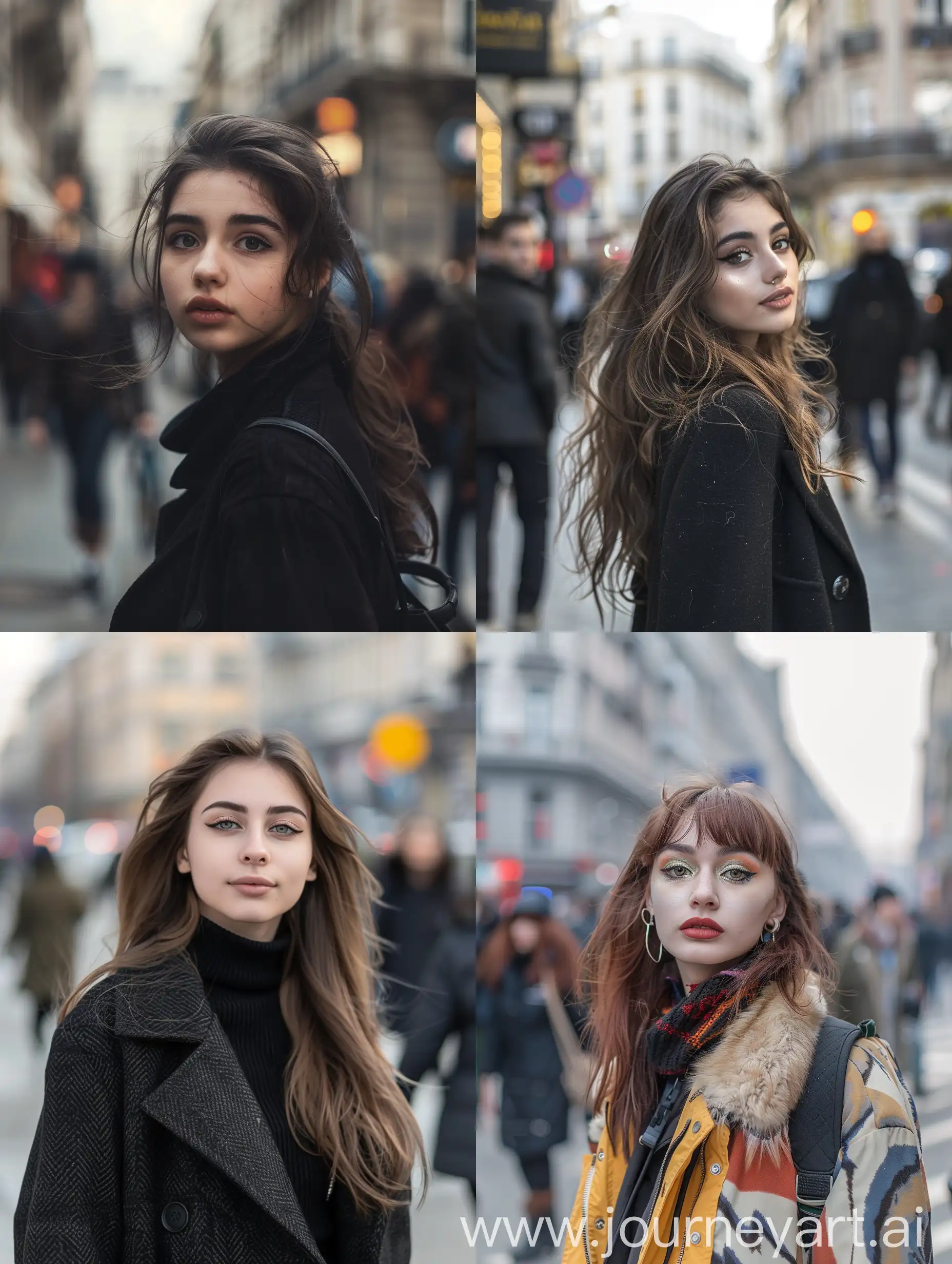 professional full-length photo of a girl, street photo, street, passers-by, face focus, blurry background, high detail, beautiful makeup, high quality, without outfit
