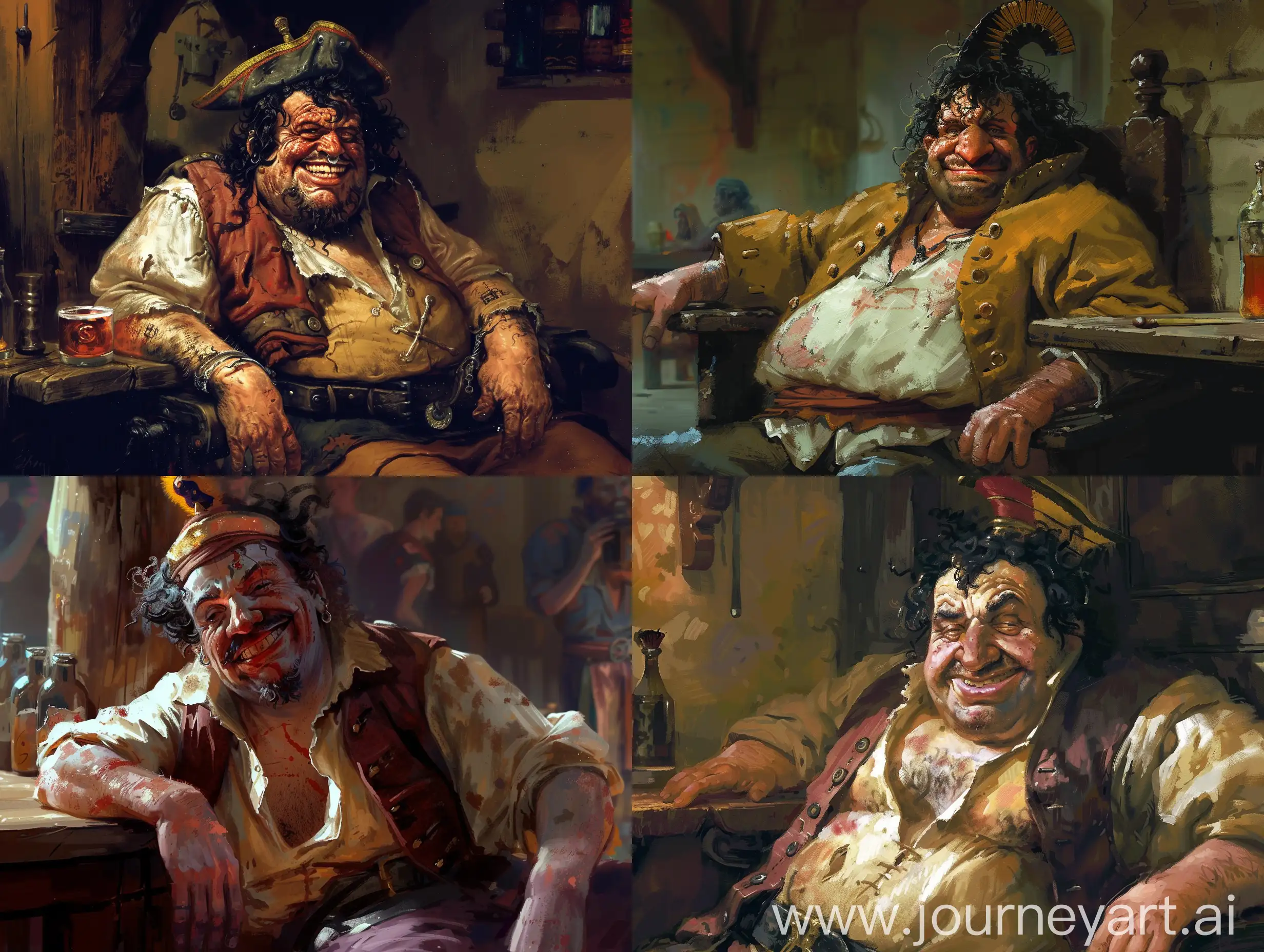 In the dim light of a tavern, amidst the raucous laughter and clinking of tankards, a medieval Greek pirate sits with an air of smug satisfaction. His filthy appearance belies a confidence that borders on arrogance, as he lounges in his seat with a self-assured smirk playing upon his lips.

With a big nose dominating his weathered face and black hair cascading in unruly curls around his shoulders, he embodies the rugged charm of a seasoned sailor. Despite his grime-covered visage, there is a glint of mischief in his eyes, hinting at the cunning and wit that have served him well in his life as a pirate.

Perched jauntily atop his head is a Fez, a nod to his Mediterranean roots and penchant for exotic flair. Its vibrant hue stands out against the backdrop of the tavern, a symbol of his defiance and independence in the face of authority.

As he lounges in his seat, one hand casually resting on the hilt of his cutlass, the medieval Greek pirate exudes an aura of danger and intrigue. His smug expression speaks volumes, daring anyone who dares to challenge him to try their luck and face the consequences.

In the world of cutthroats and thieves, this pirate is a force to be reckoned with—a man of mystery and danger whose legend will echo through the annals of history for generations to come.