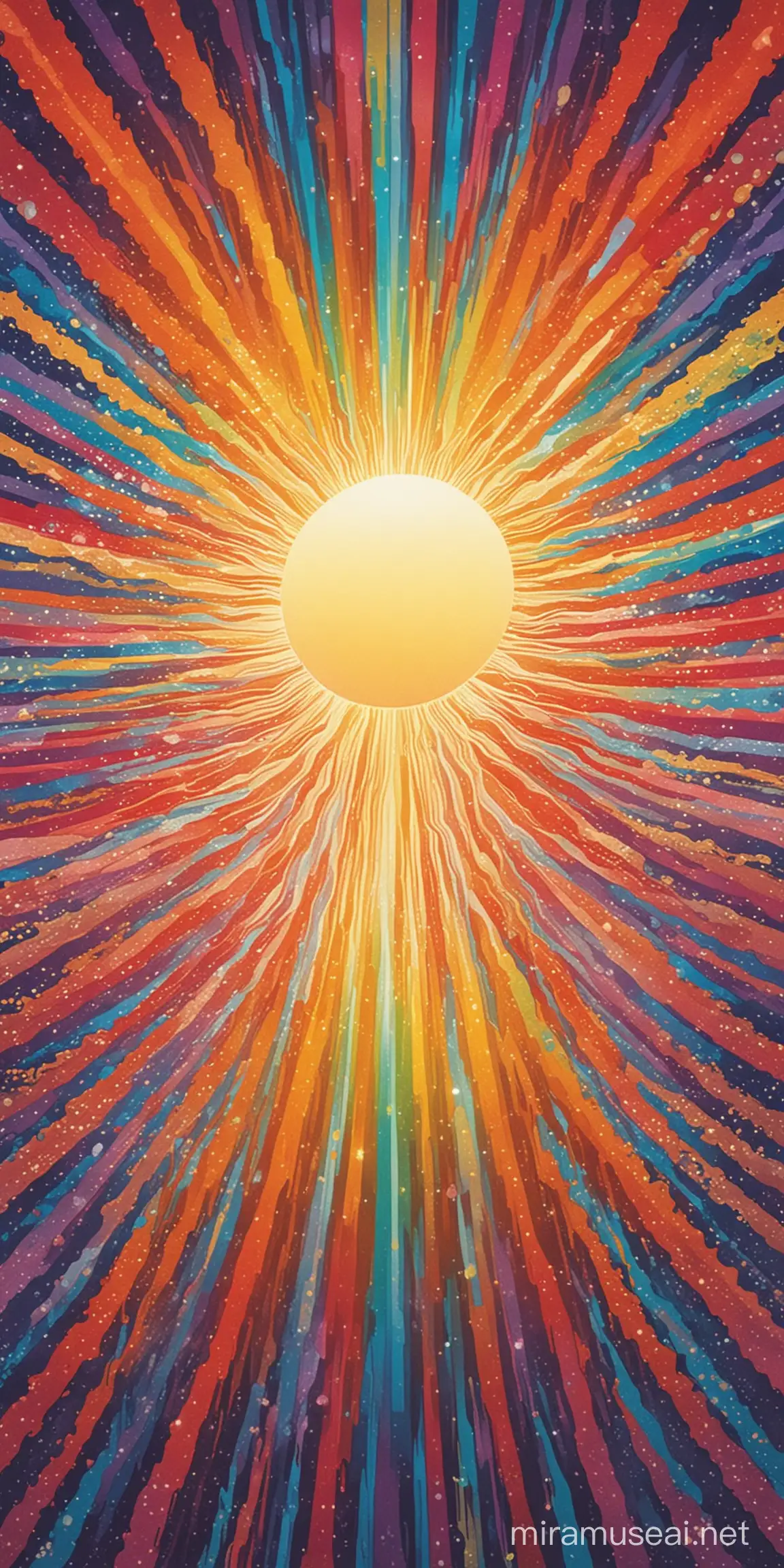 Vibrant Psychedelic Sunrise Poster with Extended Sun Rays and Overhead Rainbow