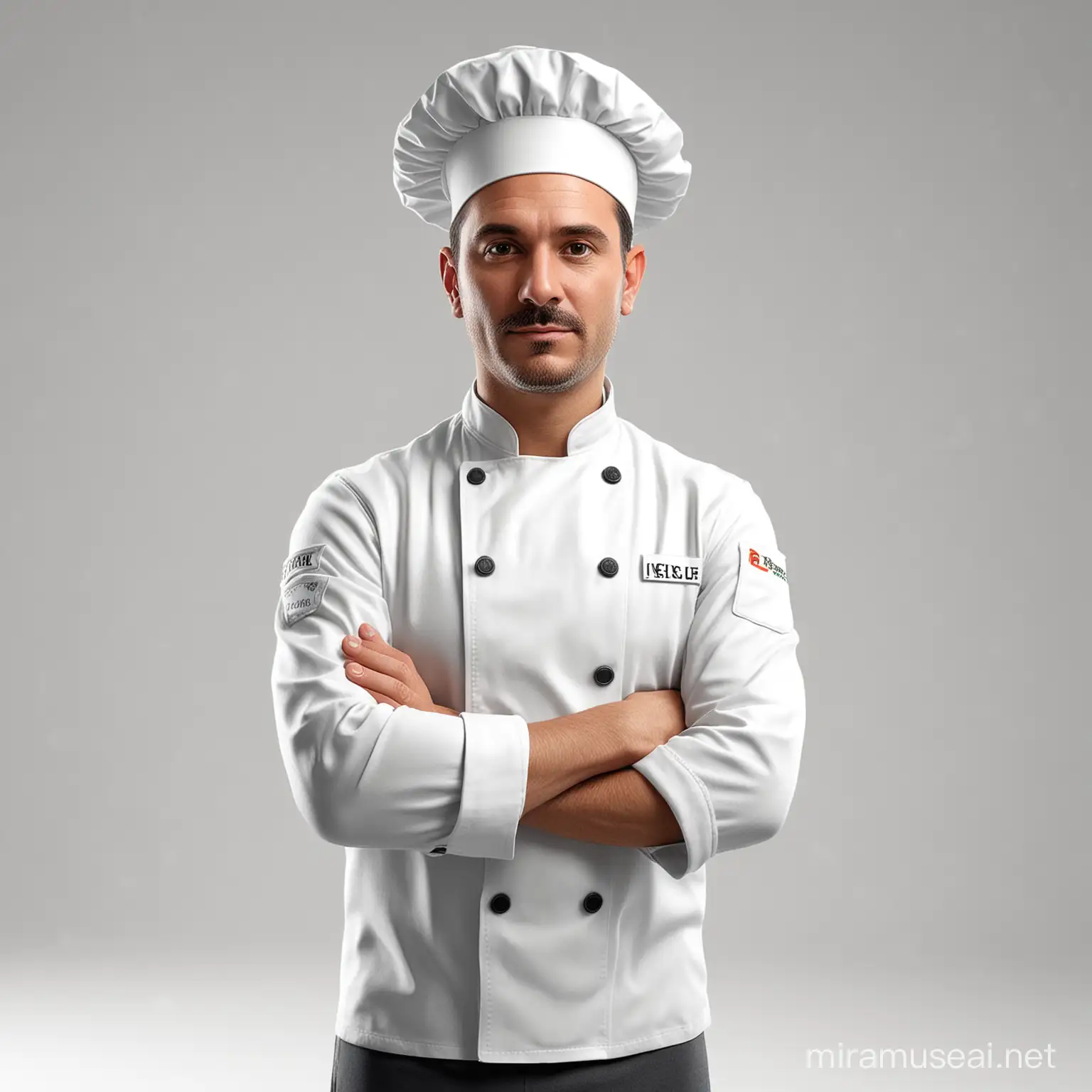 Create a 3d portrait of a chef, waist up on a white background