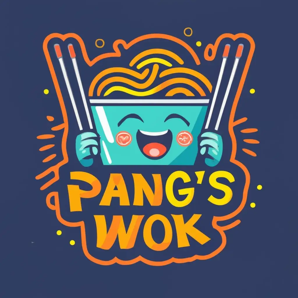 logo, white, Manga noodle bowl filled with noodles and holding chopsticks with a happy closed eyes cartoon face, with the text "Pang's Wok", typography, be used in Restaurant industry