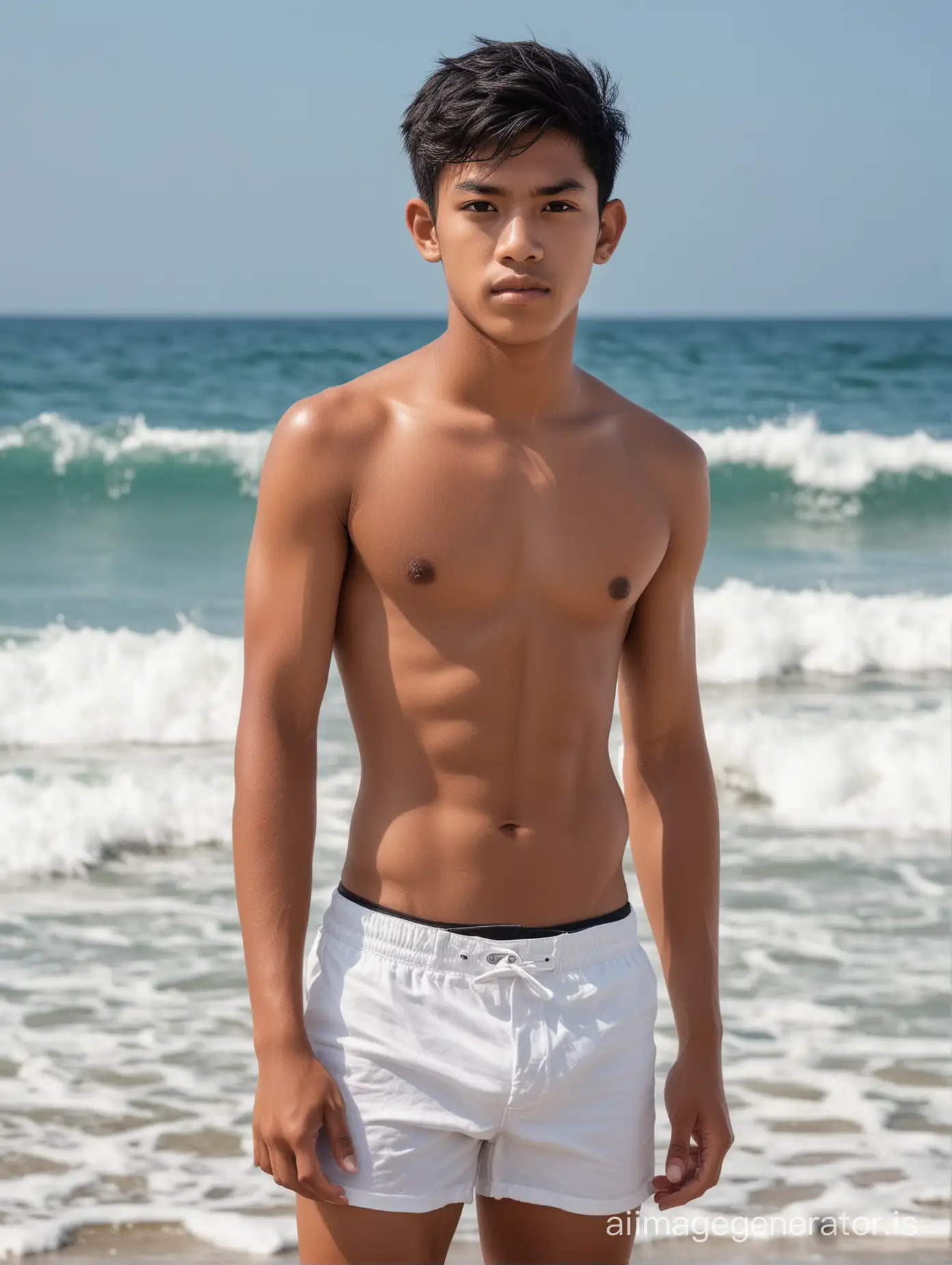 YOUNG indonesian boy aged 17 years old, black short neat hair, posing at the beach for photo. Wearing mini brief white colour,  serious face, six pack body, background is the blue sea, with blue waves. 