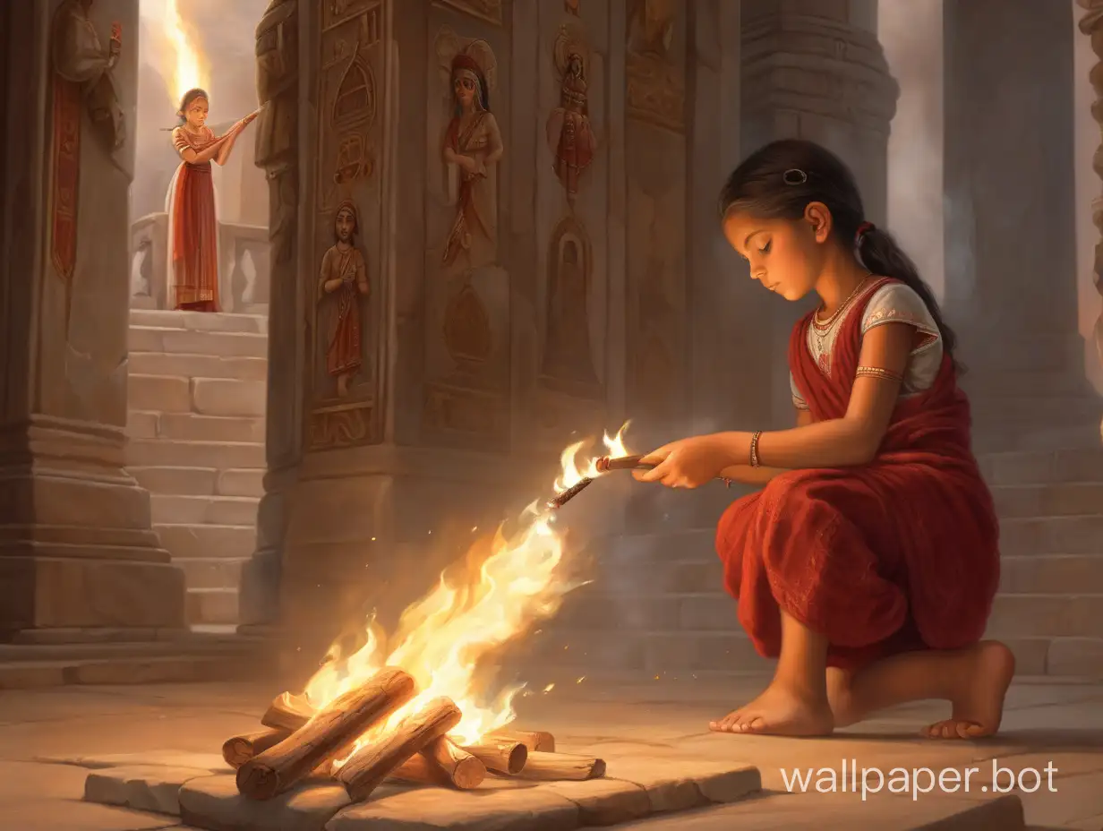 Vesta, a 12-year-old girl, is lighting a fire in the temple at full height