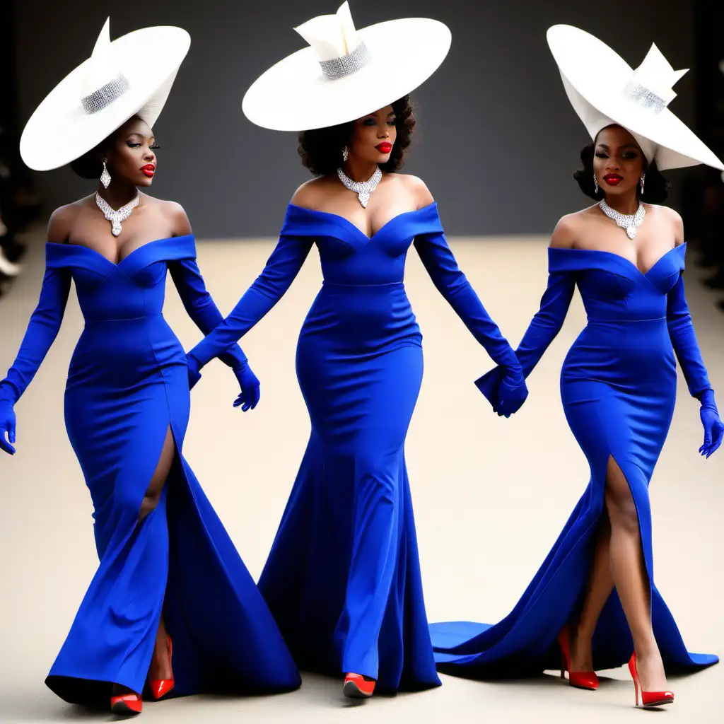 Elegant Black Women in Royal Blue Evening Gowns with Diamonds and White Hats