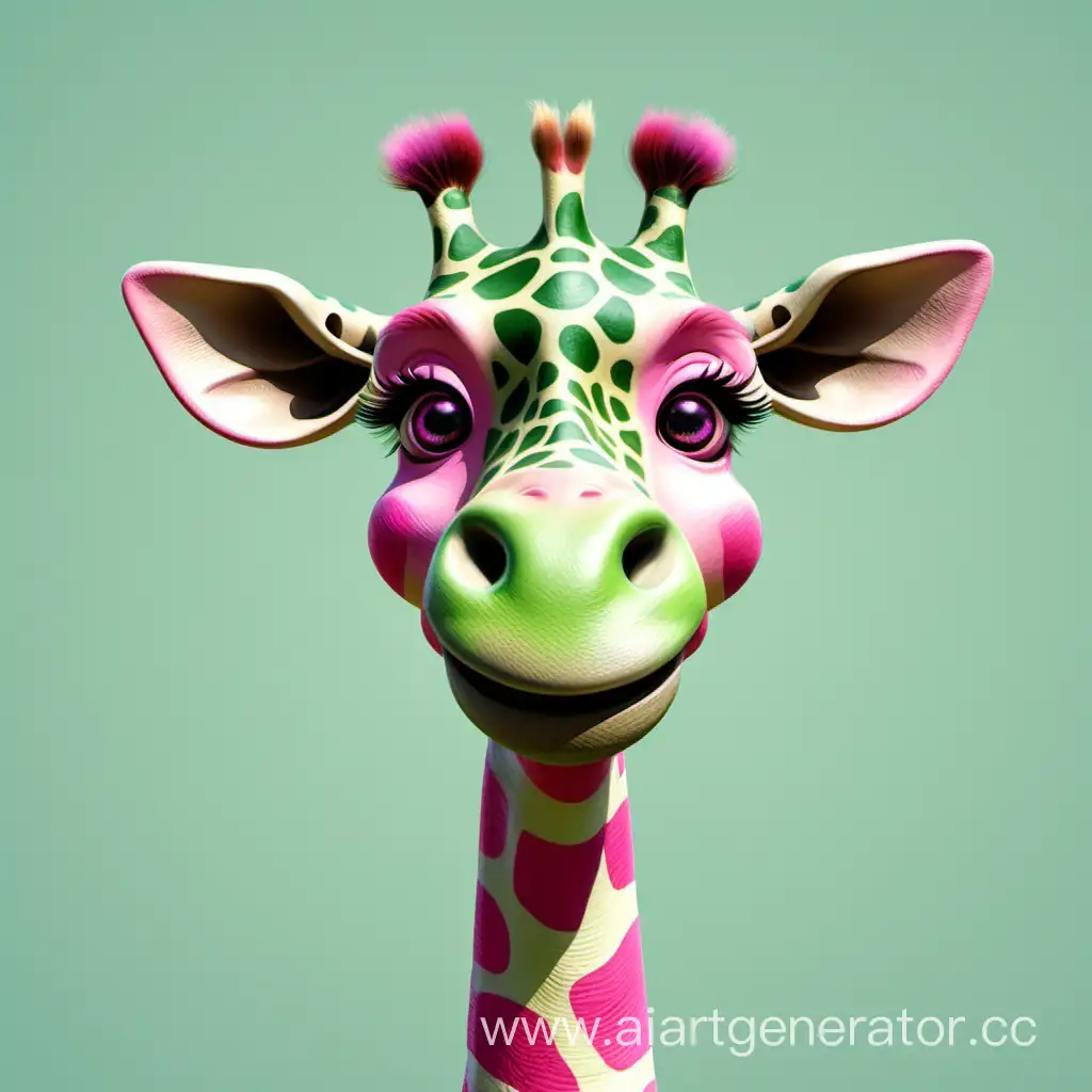 Зелёный жираф с розовыми полосками, копыта зелёные, улыбается, яркие карие глаза