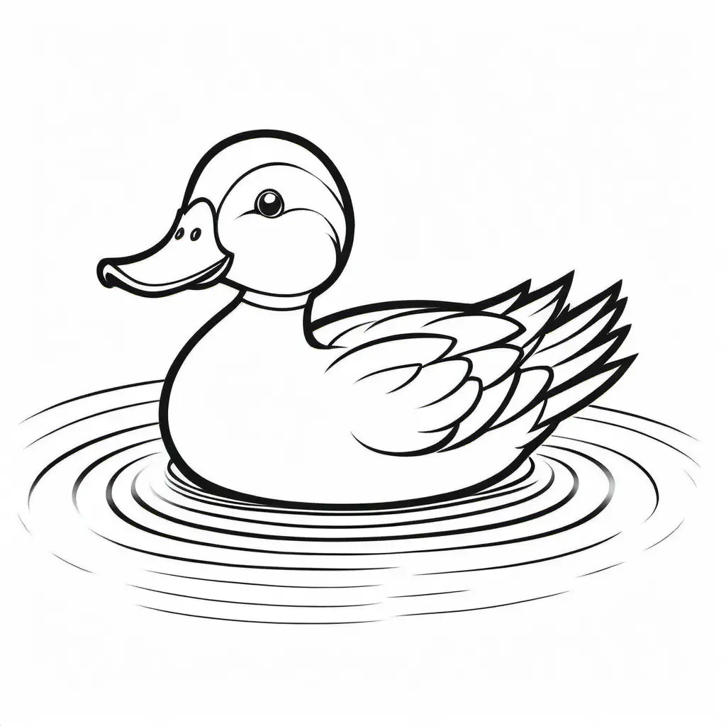 A cartoon illustration in black and white line art, of  a Duck. Duck is swimming. The style is cute Disney with soft lines and delicate shading. Coloring Page, black and white, line art, white background, Simplicity, Ample White Space. The background of the coloring page is plain white to make it easy for young children to color within the lines. The outlines of all the subjects are easy to distinguish, making it simple for kids to color without too much difficulty, Coloring Page, black and white, line art, white background, Simplicity, Ample White Space. The background of the coloring page is plain white to make it easy for young children to color within the lines. The outlines of all the subjects are easy to distinguish, making it simple for kids to color without too much difficulty
