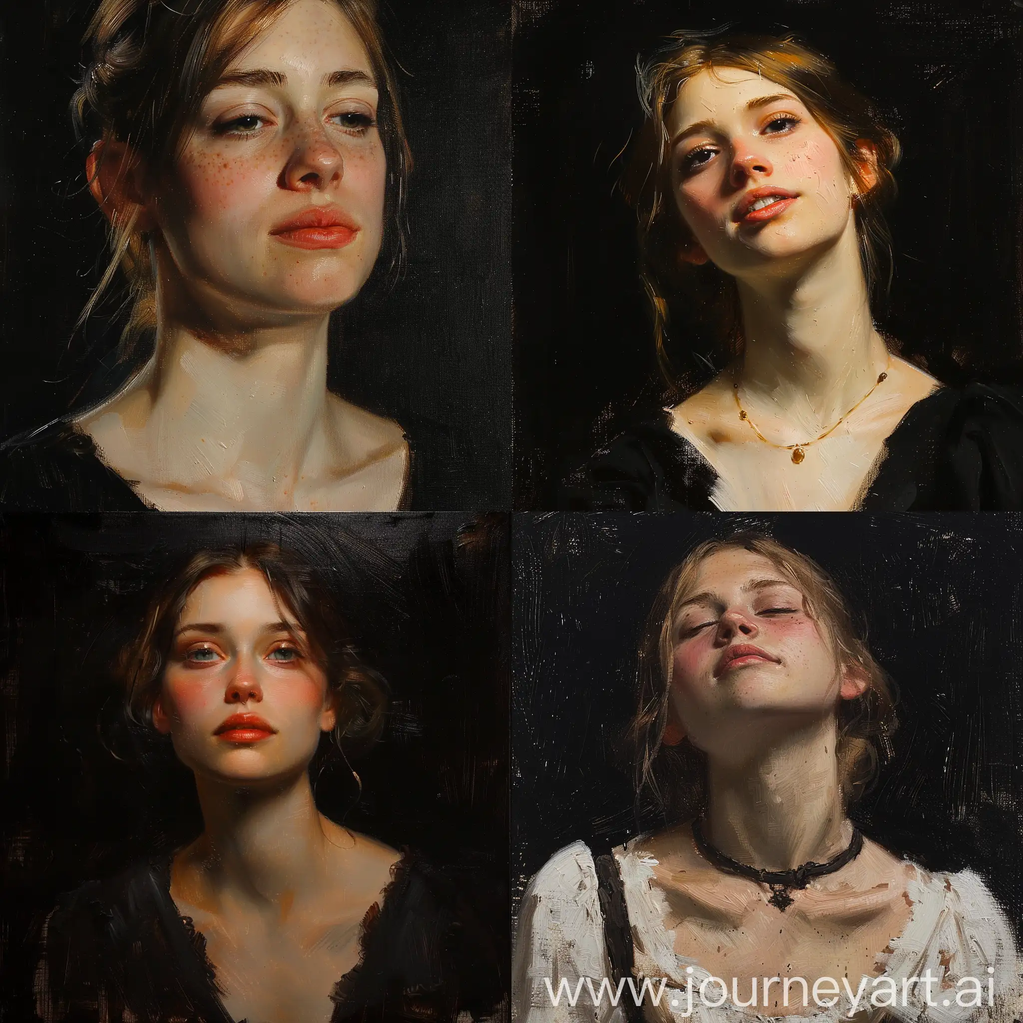 Modern emotional Oil sketch of a young gorgeous woman, wlop John singer Sargent, jeremy lipkin and rob rey, range murata jeremy lipking, John singer Sargent, black background, jeremy lipkin, lensculture portrait awards, casey baugh and james jean, detailed realism in painting, award-winning portrait, amazingly detailed oil painting, brushstrokes, Sean cheetham, details, well painted, good colors, strong shadows, black background 