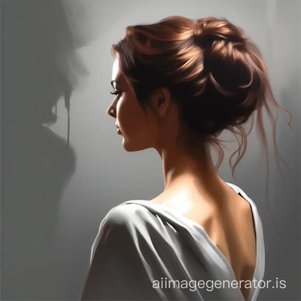 create an image of a beautiful woman turned with her back with her hair gathered in the style of the painter Richard Johnson
