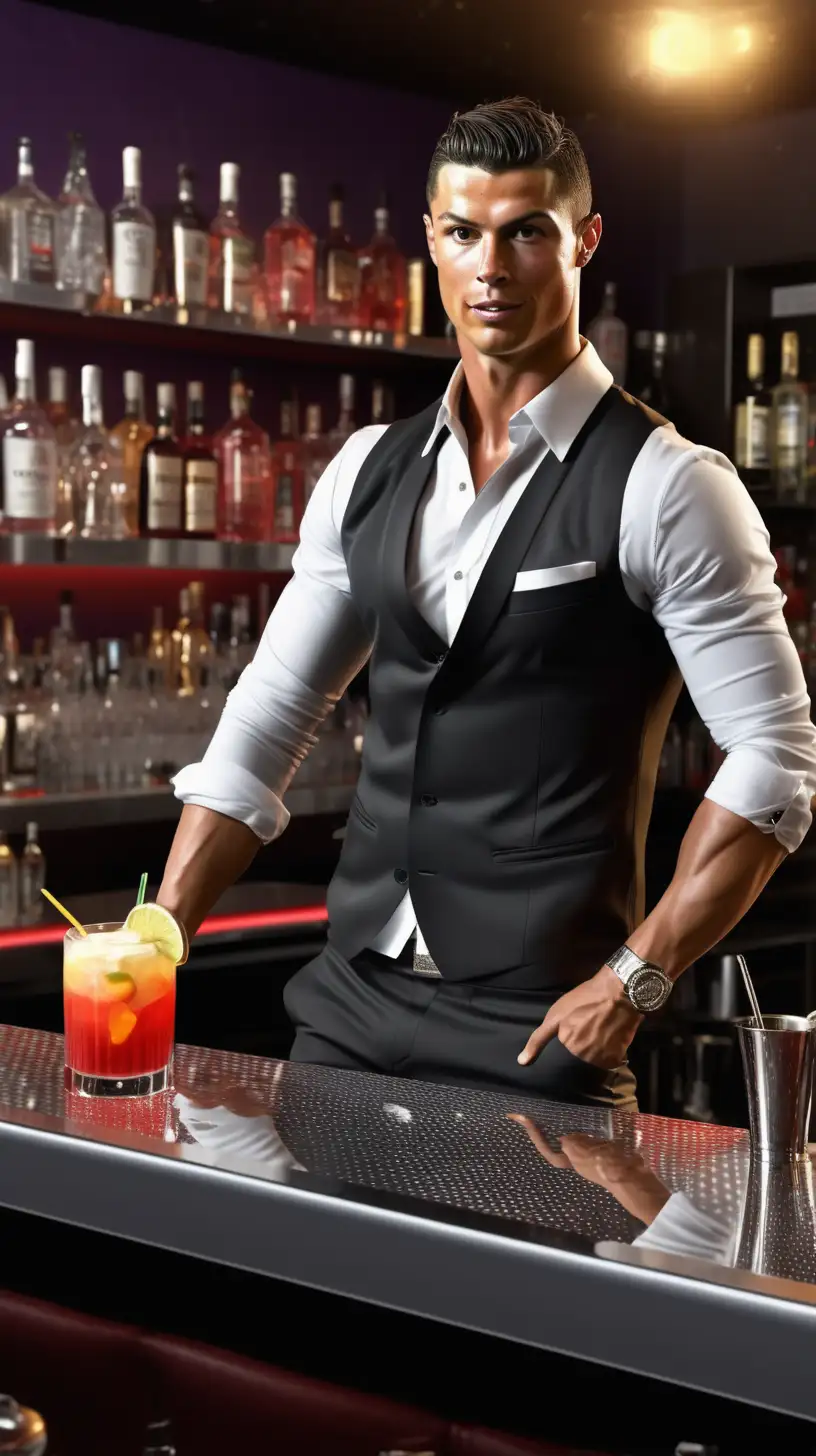 Full body, Cristiano Ronaldo as bartender, making cocktails in the bar, busy nightclub, nightclub background, realistic, ar 2: 1 --v 5