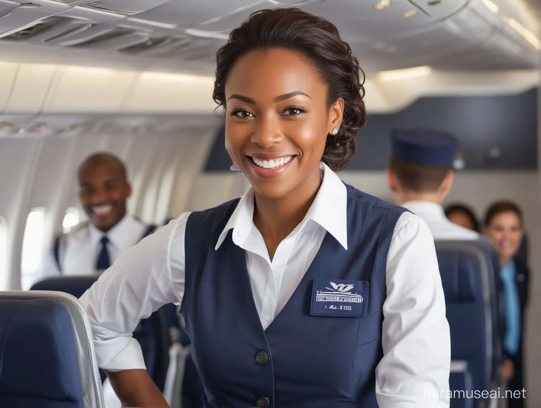 Smiling African American Flight Attendant in White Shirt and Navy Blue Vest