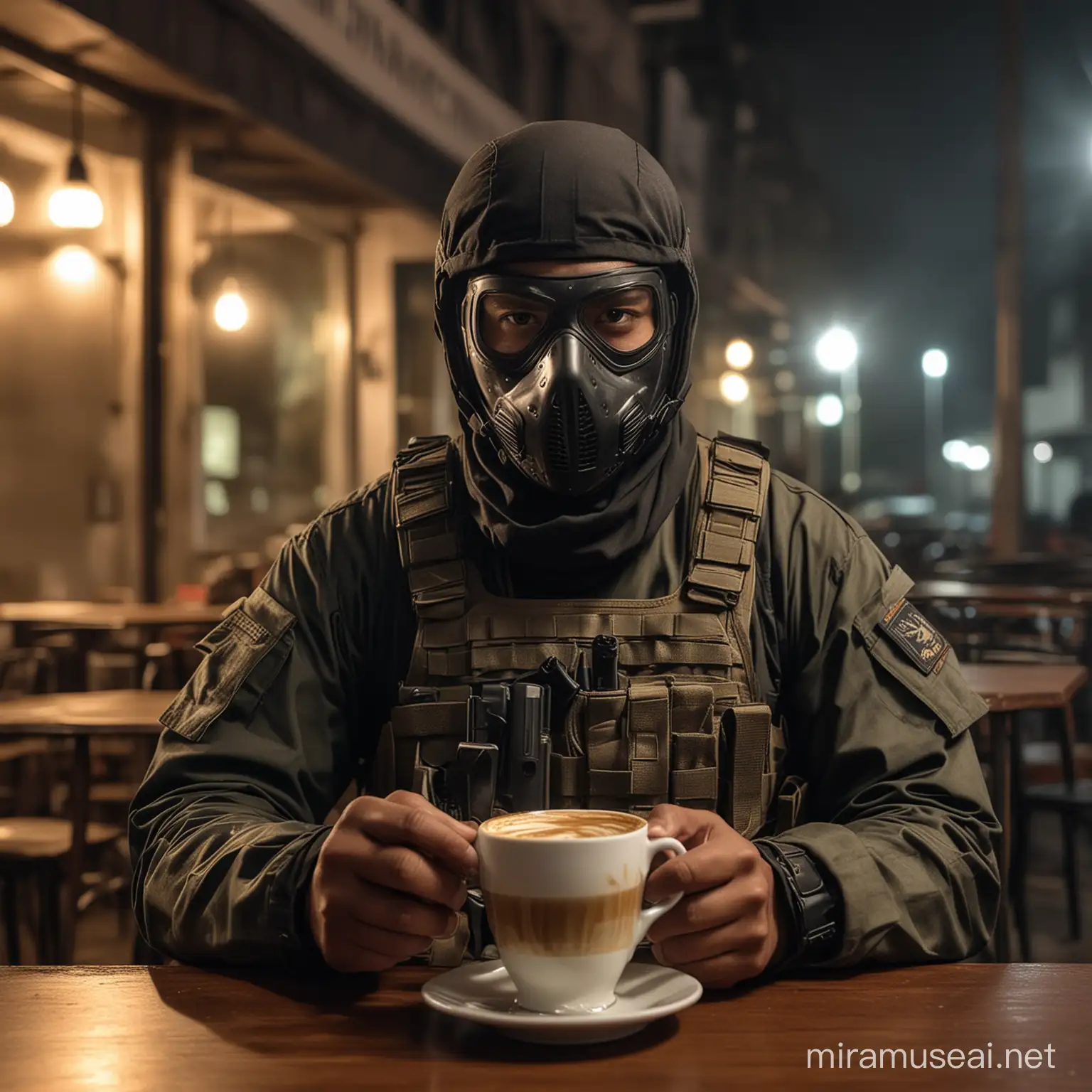A Malaysia Komando full tactical gear, wearing half normal mask,in a cafe at night,holding a cappuccino coffee, Smoky background, Serious face