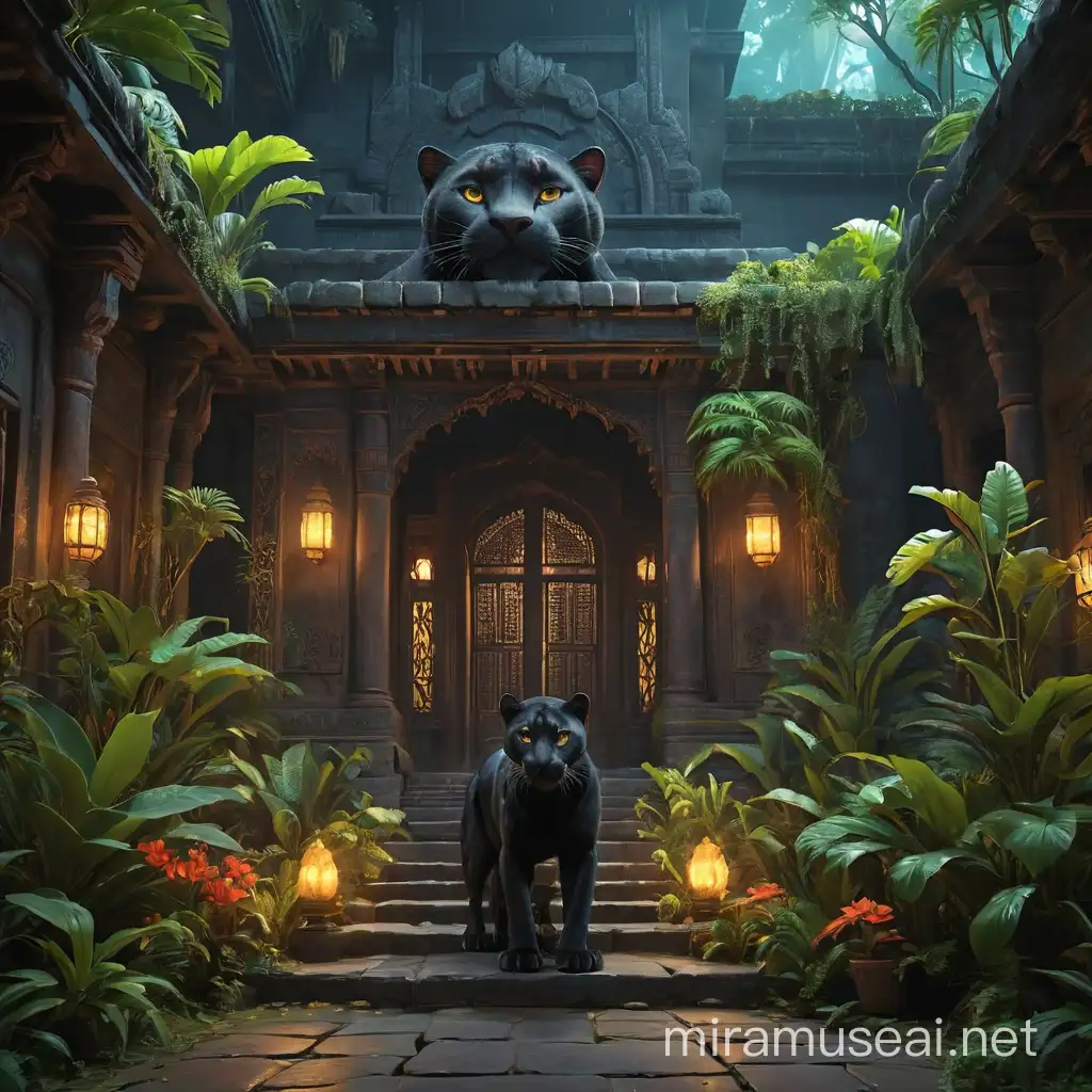 Black Panther Amidst Ancient IndianStyle Decor and Bioluminescent Flora