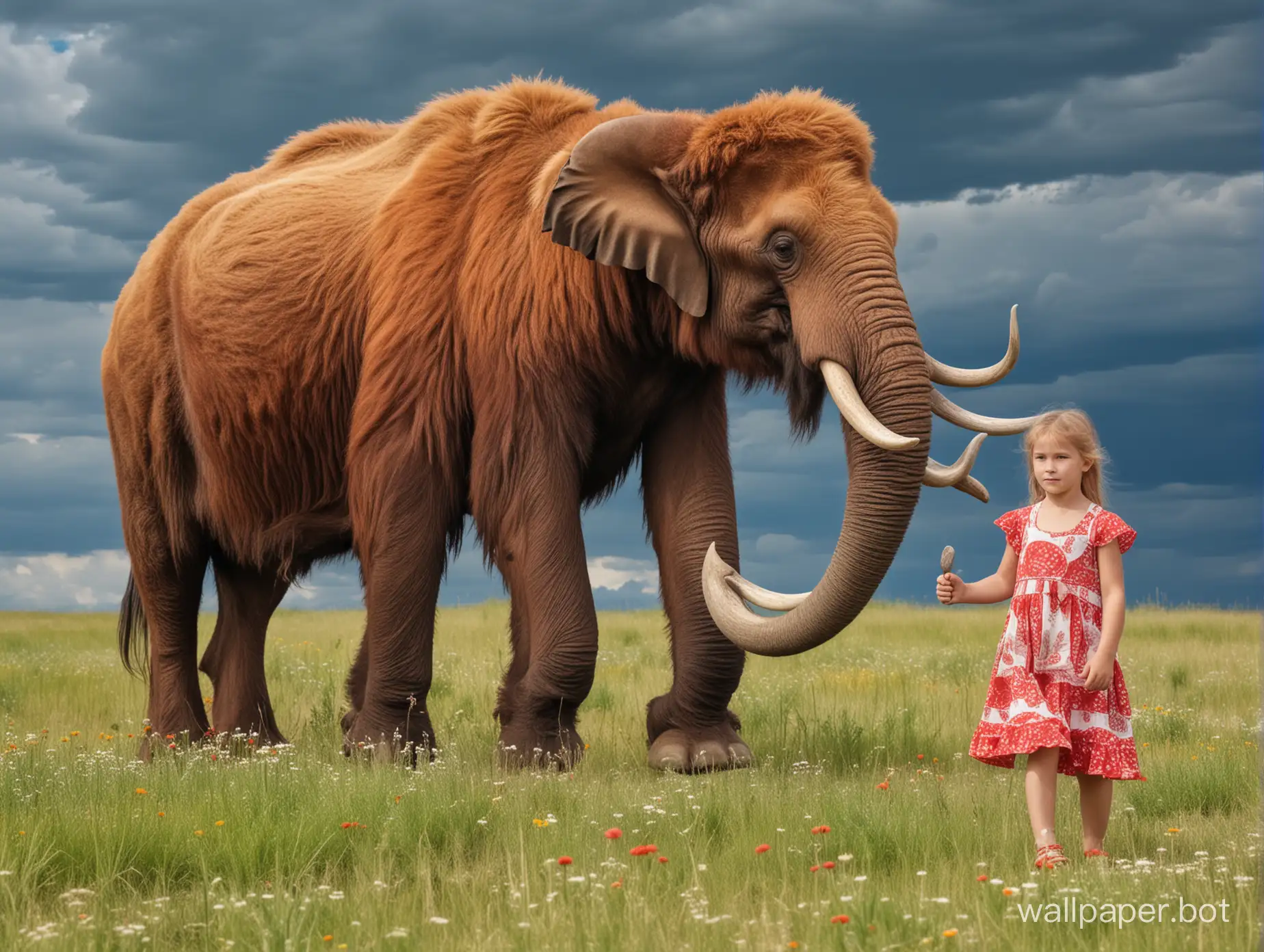 mother and daughter in full growth barbarians in a blooming steppe under the summer sky, with a red mammoth in the background