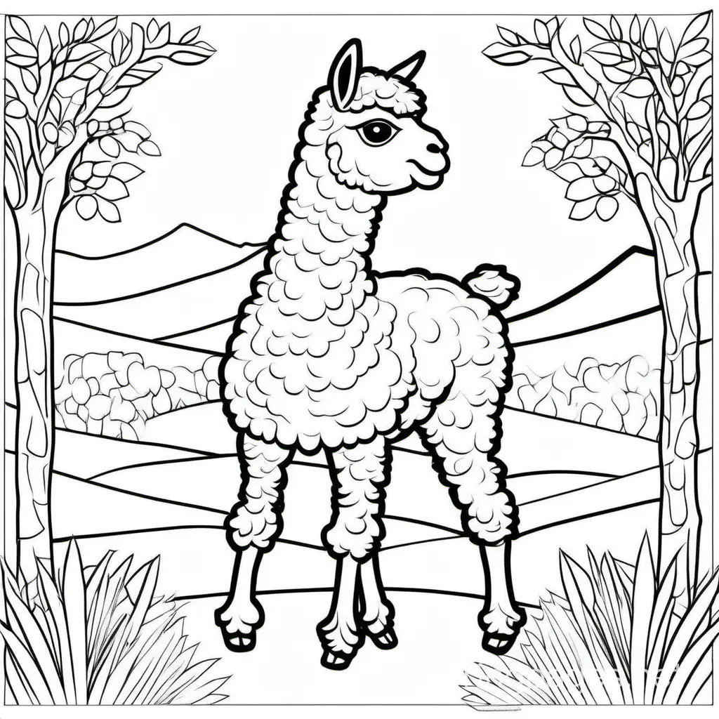 alpaca, Coloring Page, black and white, line art, white background, Simplicity, Ample White Space. The background of the coloring page is plain white to make it easy for young children to color within the lines. The outlines of all the subjects are easy to distinguish, making it simple for kids to color without too much difficulty