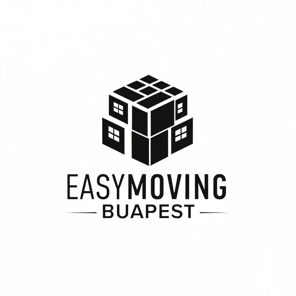 logo, Black color , Text based logo, moving boxes,, with the text "EasyMovingBudapest", typography, be used in Technology industry