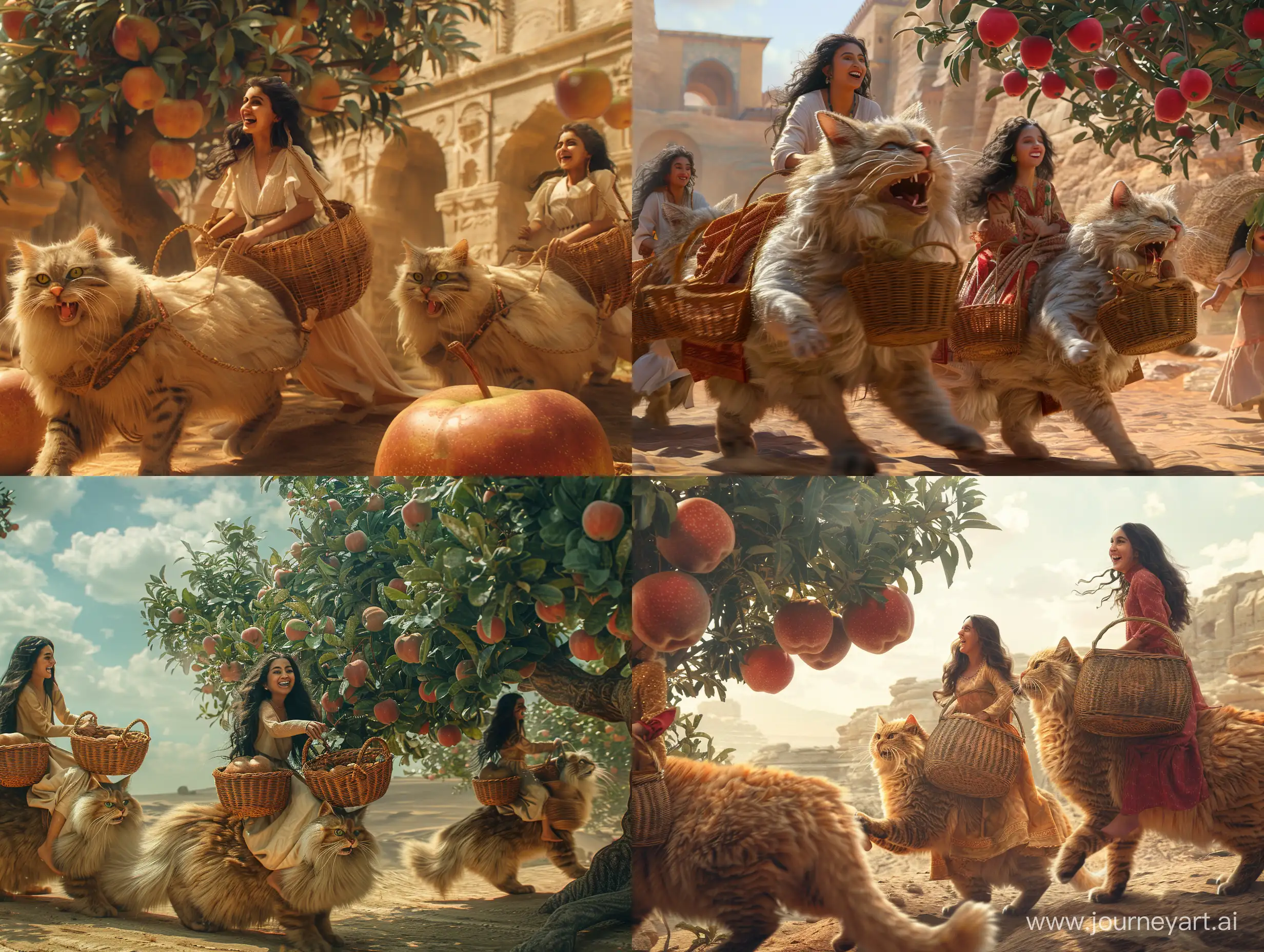 Young Persian women, happily and laughing, riding giant Persian cats, carrying wicker baskets, approach a giant apple tree with apples as big as watermelons. in a desert, in an ancient civilization, cinematic, epic realism,8K, highly detailed, long shot technique, backlit, glamour lighting
