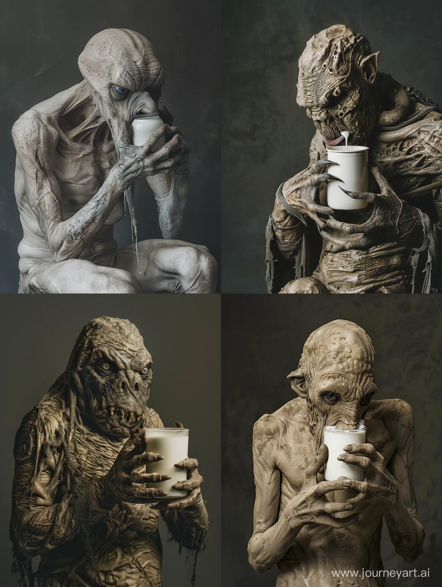 Scary creature, full body, holding milk in his hands, photography, highly detailed,