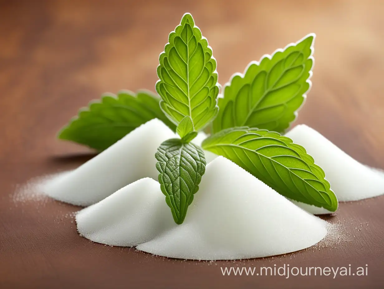 Hills made of sugar with stevia leaf on the top