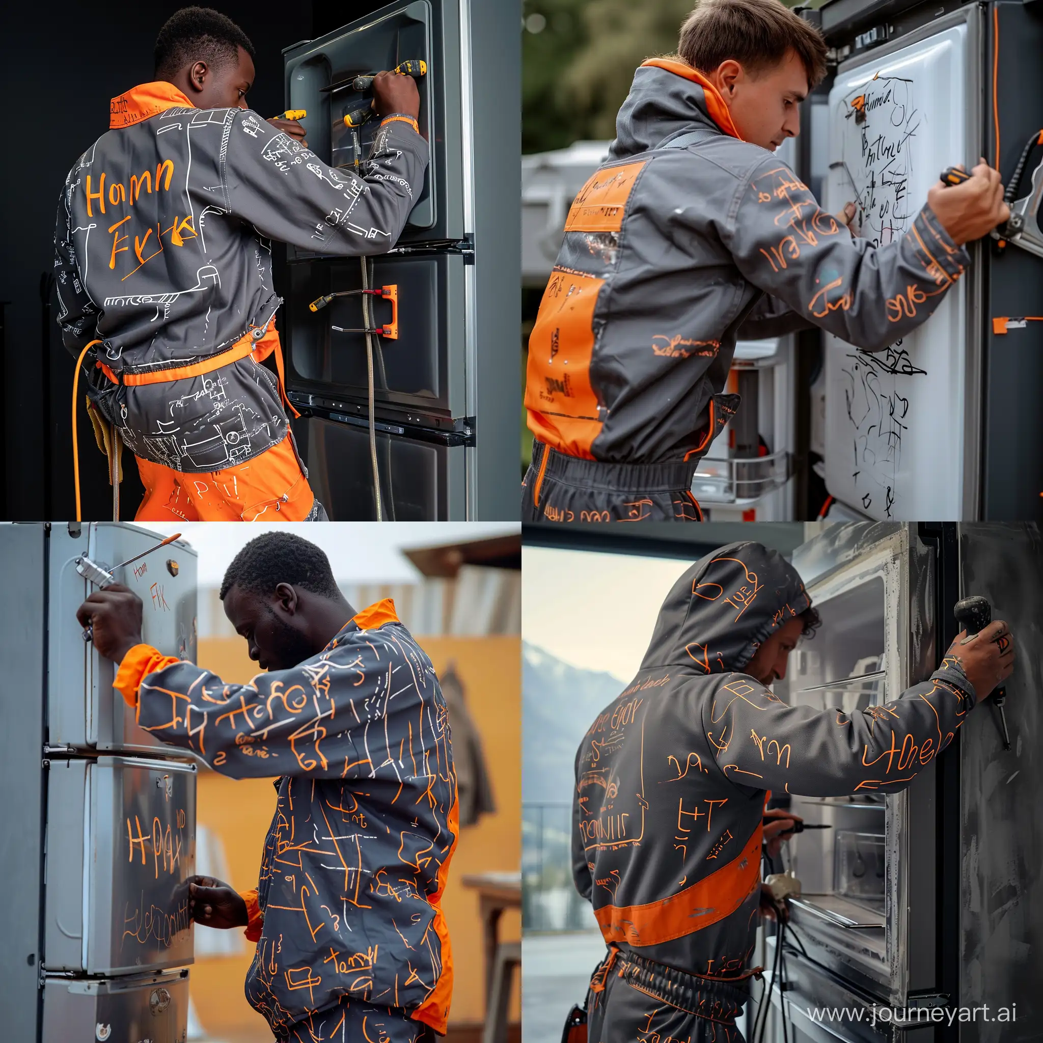 A man repairing a refrigerator in a gray and orange suit with writing on it Home Fix