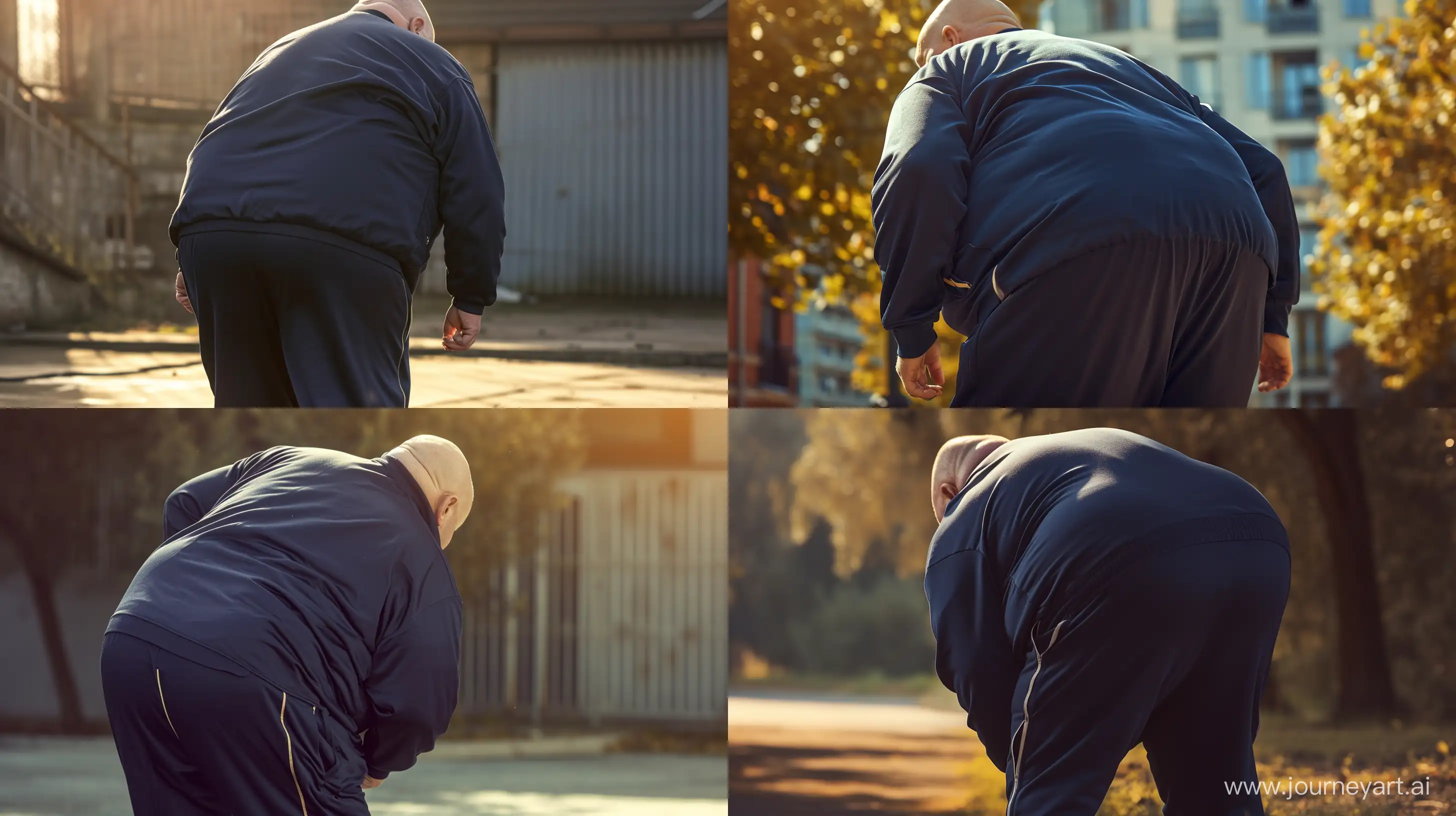 Back view of a chubby man aged 70 wearing a slightly shiny navy tracksuit. He is bending over. Natural Light. Clean shaven. Bald. Outside. High-quality. Natural Light directed on his back. --ar 16:9 --v 6