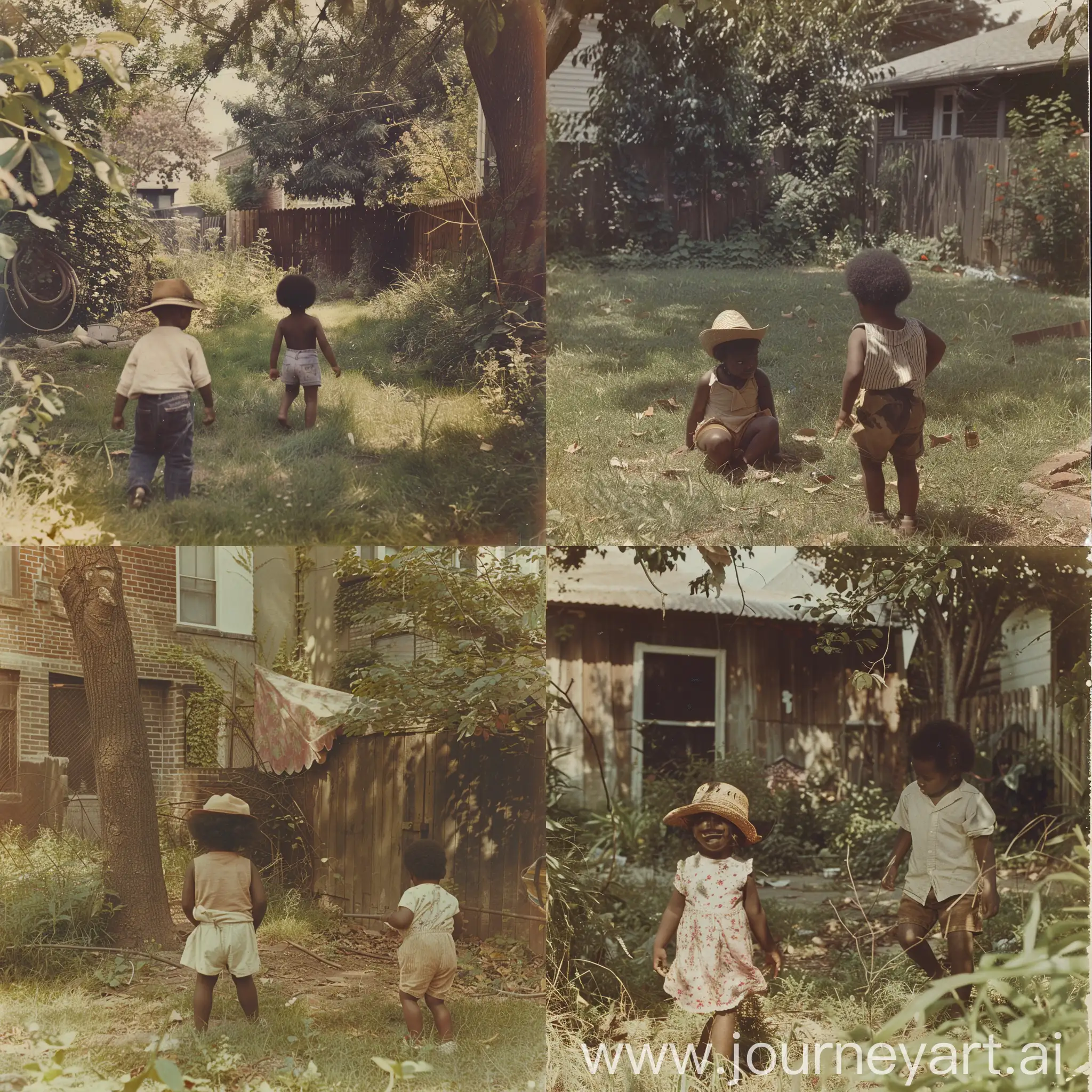 Two-Black-Kids-Playing-in-1980s-Backyard-with-Hat