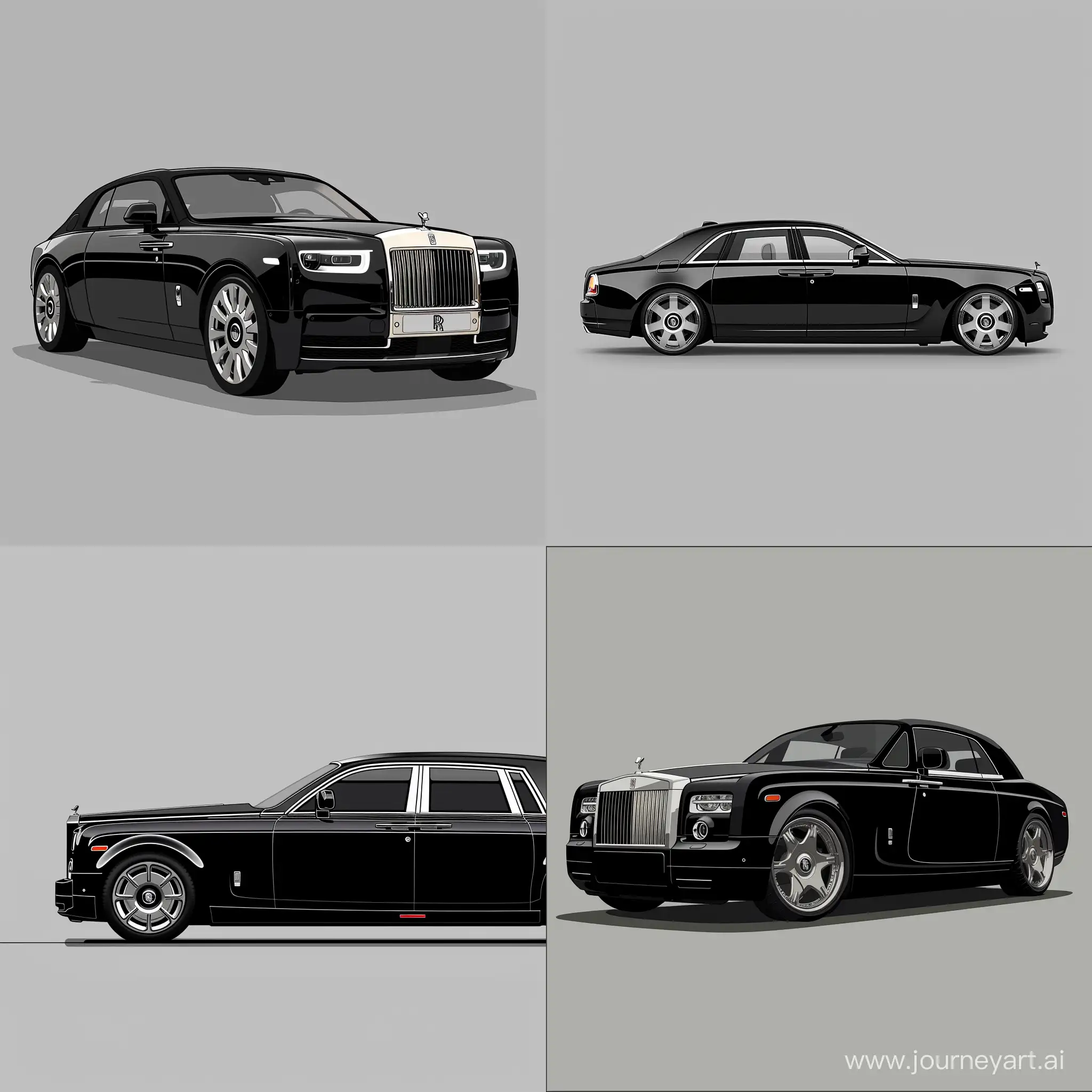 Minimalism 2D Car 2/3 View Illustration of: Black RollsRoyce Fantom, Simple Gray Background, Adobe Illustrator Software, High Precision