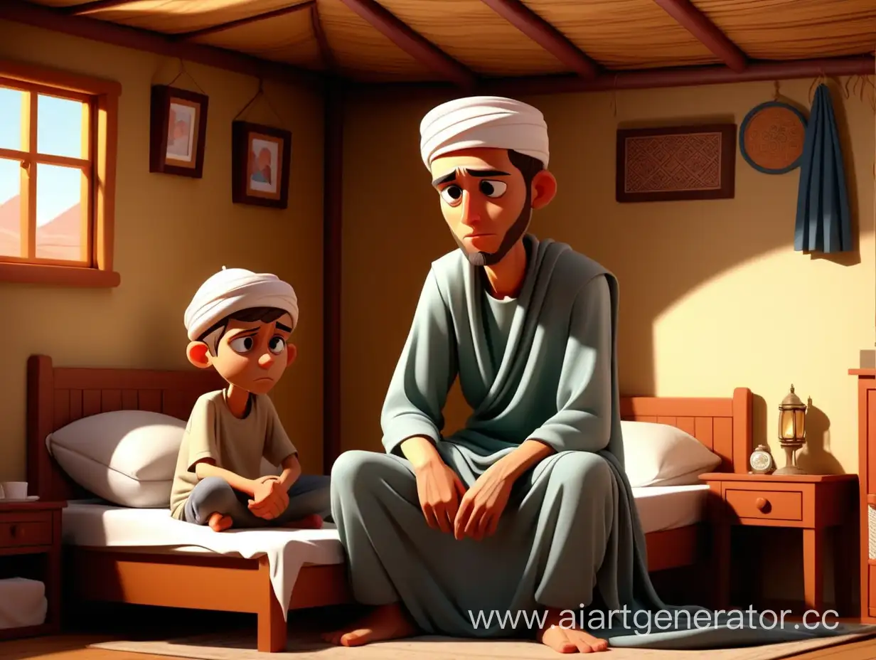 cartoon style, 8k, one young man sitting on the side of the bed and her sick Muslim mother also sitting on the  bed in  the hut room