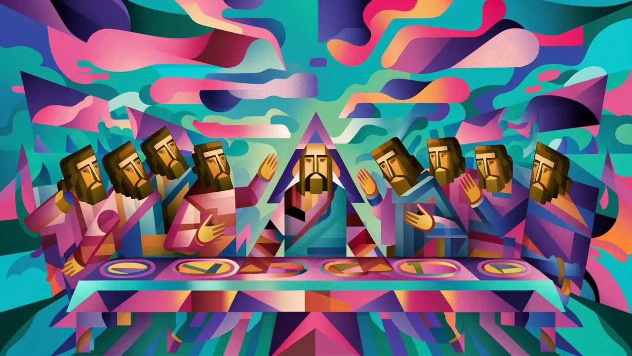 Make an abstract last supper painting with a colorful tone. The image is with abstract triangle and square.