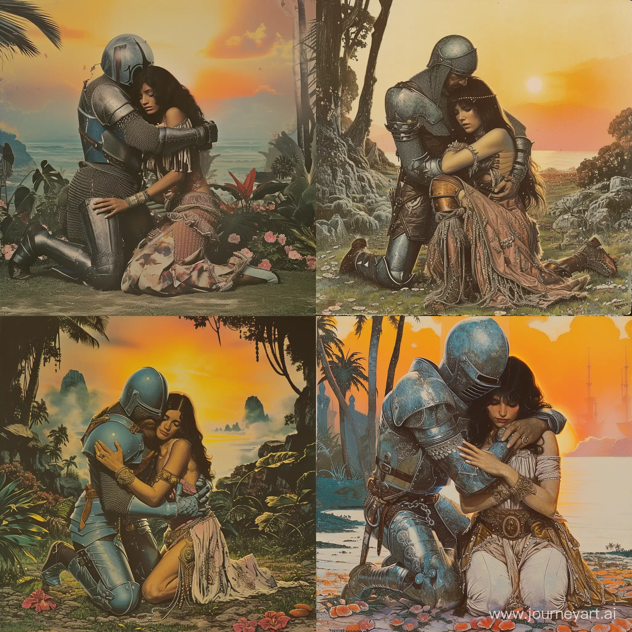 a knight on knees hugging a pretty woman wearing a bohemian attire, the woman is sitting, in a paradise, sunrise in the background, 1970's dark fantasy style, gritty, detailed