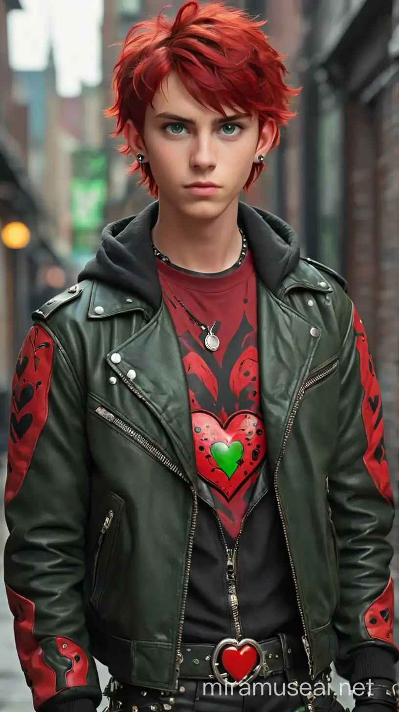 a young man with short candy apple red hair and piercing green eyes. He wears a red shirt with black heart patterns hidden under a red and black leather jacket with studs on the sleeves and hood, as well as a heart emblem on the back. He rocks black leather pants with red patches, matching combat boots with one being red and the other being black, a studded belt with a heart buckle, and fingerless gloves. 