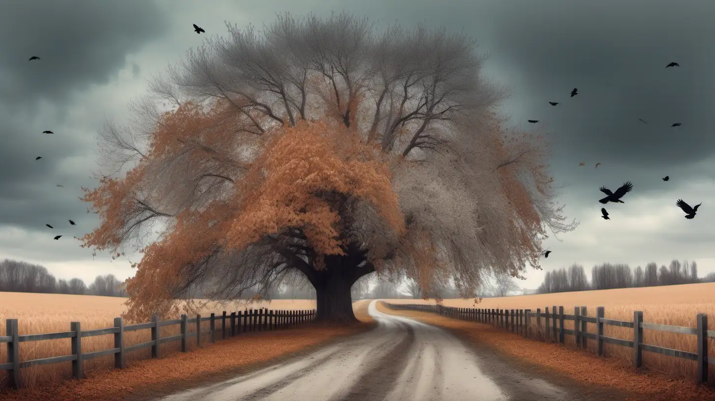 Panorama, autumn, large tree placed in the center of the scene. Crows complete the late autumn drama. The gray tones of the sky in contrast with the copper of the dry leaves give a pastel touch. A well can be seen as a mirage somewhere in the distance, wooden fence and old country road