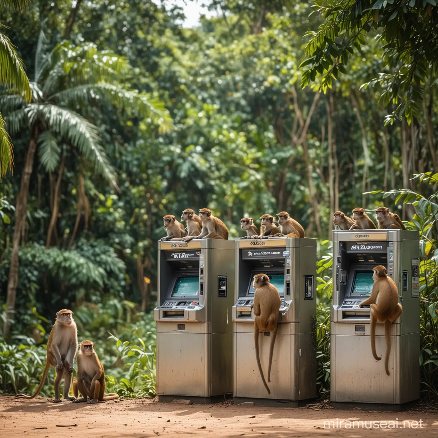 3 buah mesin atm di hutan amazon bersama beberapa monyet di siang hari, backgroundnya blur dan bokeh, eye view