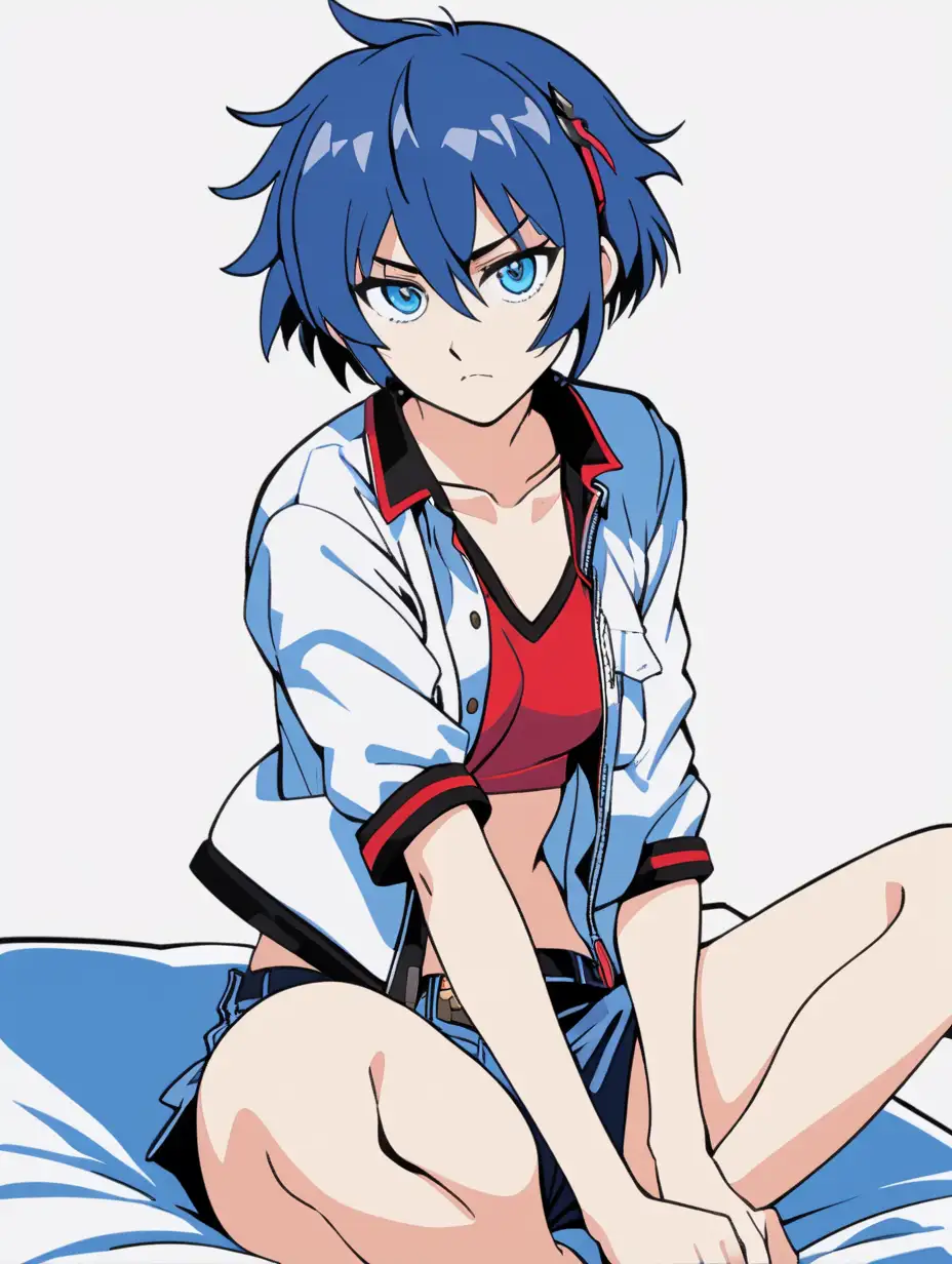 ryuko matoi blue eyes sexy midriff short blue hair with red highlights posterized halftone red black white 3 color minimal design full body sitting on bed pulling up her shirt