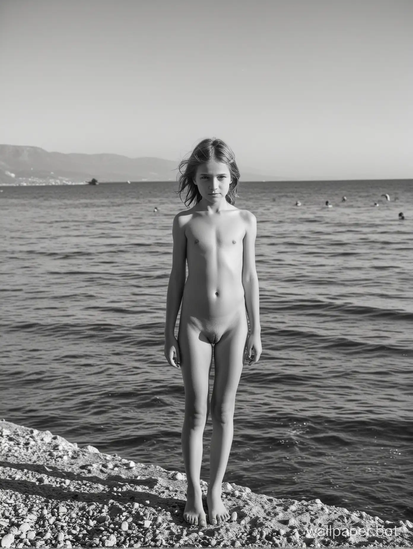 голая советская девочка 10 лет позирует у моря в Крыму, в полный рост, динамичные позы, много людей на заднем плане, чёрно-белая фотография