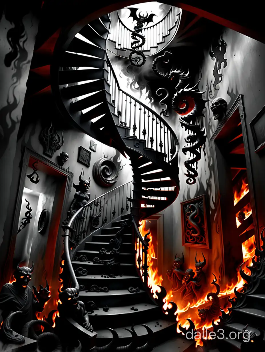  haunting monochromatic digital painting depicting a spiral staircase leading downwards into the depths of hell. the dimly lit scene is engulfed in billowing flames, casting ominous shadows and creating a sense of fear and panic. the stairwell is adorned with demonic sculptures and eerie symbols, while menacing devils lurk in the background, adding to the overall sense of foreboding.