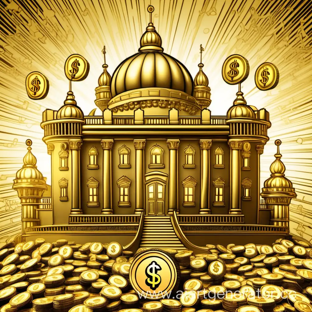 Cartoonish-Golden-Palace-with-a-Dollar-Sign-Wealthy-Fantasy-Illustration