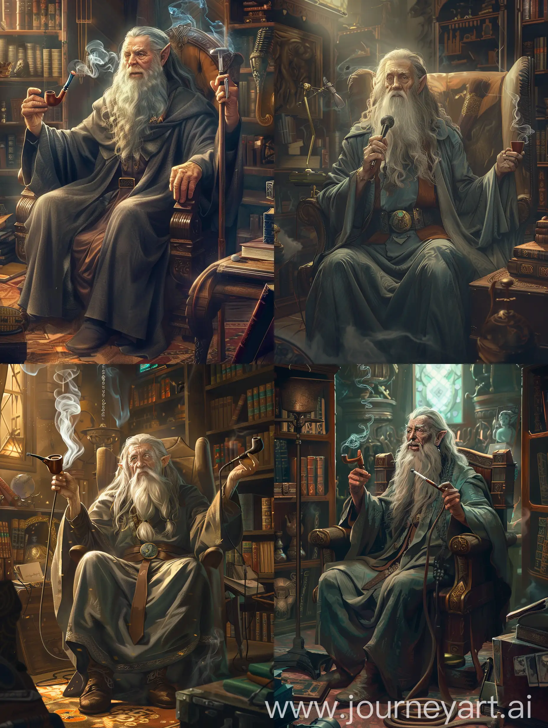 Generate an AI image portraying Gandalf from "The Lord of the Rings" universe hosting a podcast, embodying his wisdom and authority. Gandalf should be seated in a regal chair, draped in flowing robes and holding a microphone in one hand while smoking his pipe in the other. The scene should evoke a blend of ancient mysticism and modern technology, with subtle hints of magic in the air. Gandalf's expression should exude serenity and knowledge as he imparts his wisdom to an unseen audience, surrounded by shelves of ancient tomes and mystical artifacts, creating a captivating atmosphere for his podcast broadcast.