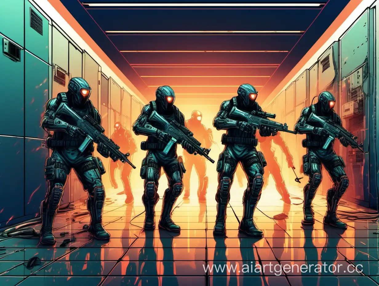 Перестрелка шести кибернетических солдат и группы из четырех хакеров в коридорах штаб квартиры корпорации, стиль киберпанк, огонь 