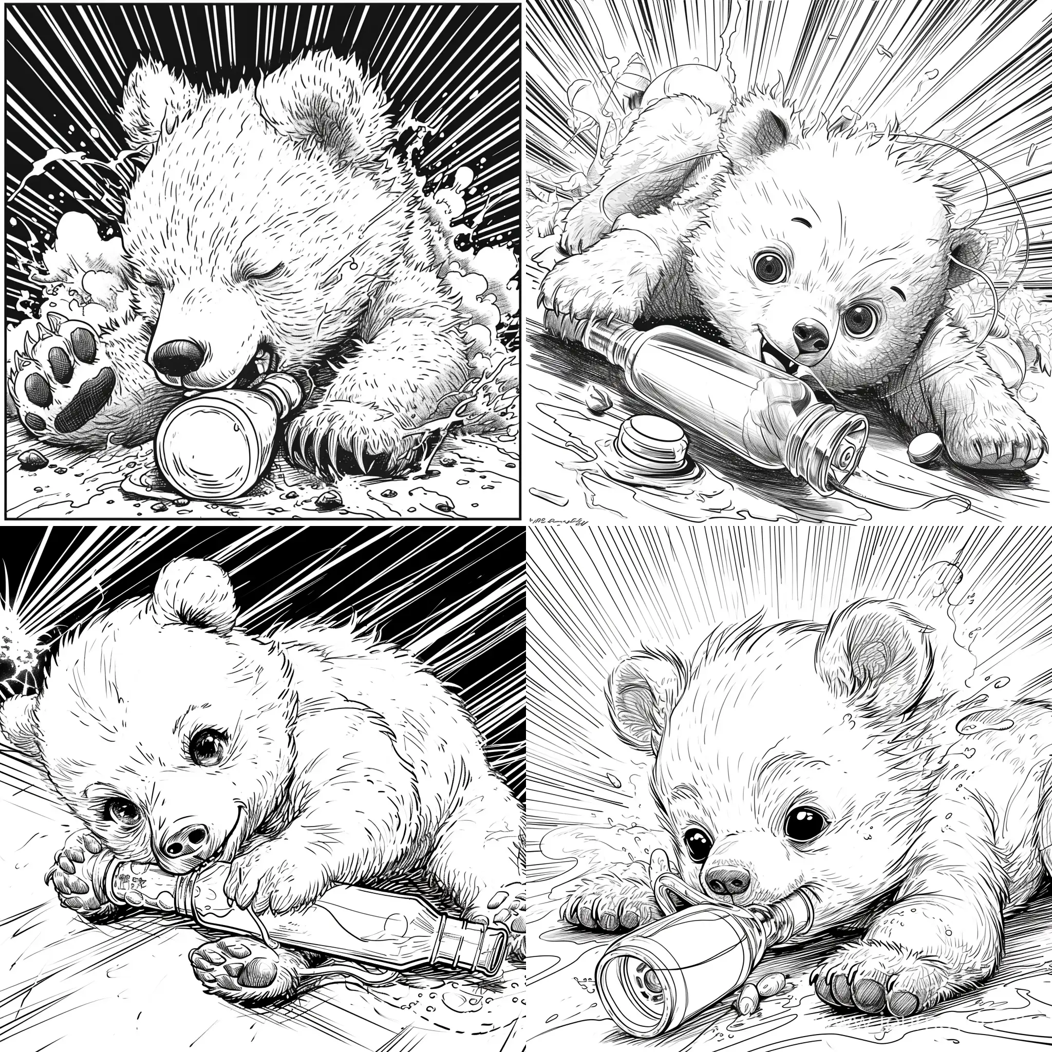 Create an image in the style of a 90s Japanese manga, depicting a baby bear cub lying down and using a bong as if it were a milk bottle. The cub should retain some youthful features but look less exaggeratedly cute and more like a typical manga-style animal character. The background should have action lines and expressive effects to match the intensity of classic manga scenes, all rendered in black-and-white with the detailed shading and linework of the era