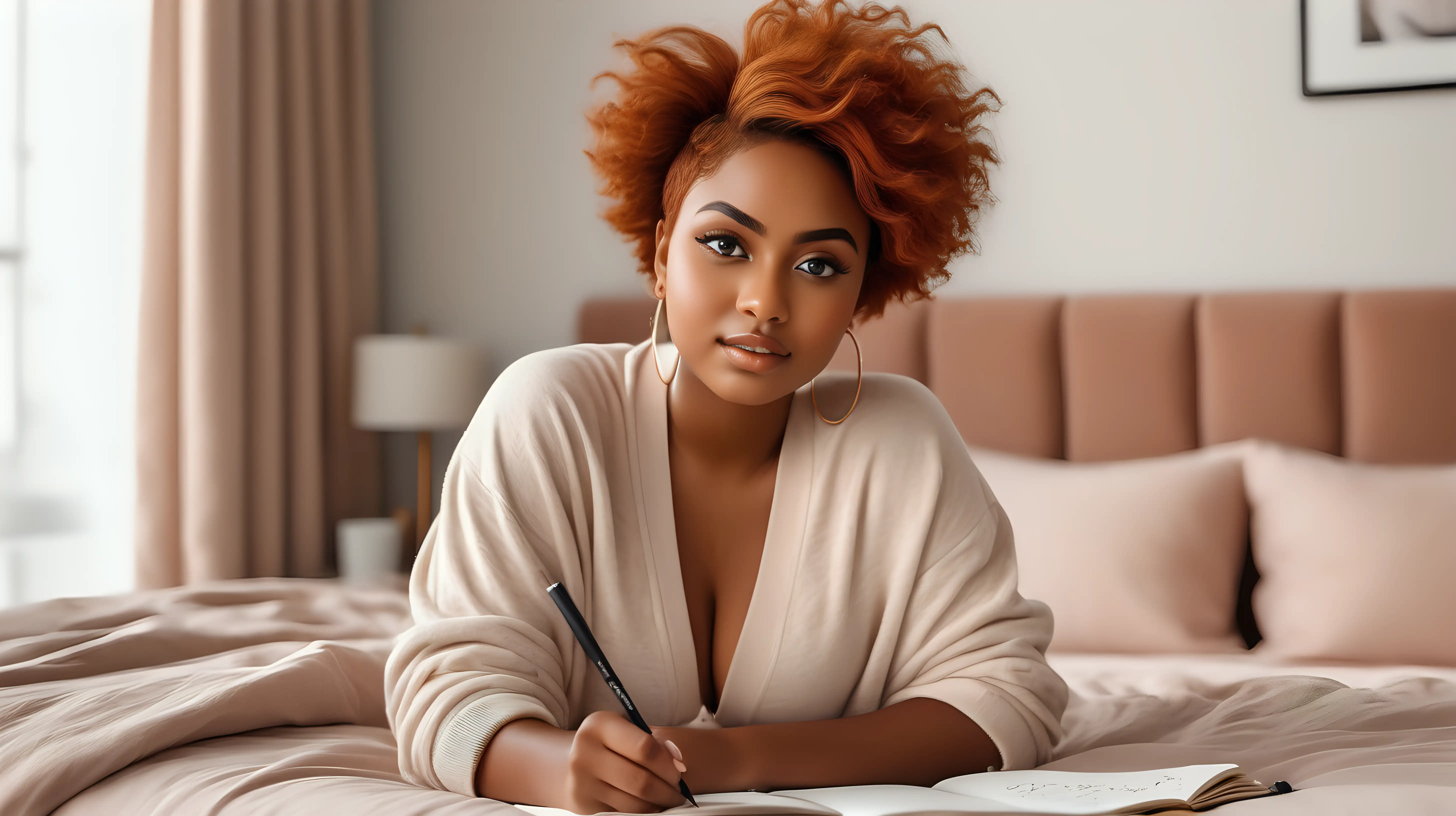 A beautiful, curvy, medium dark skin woman with large expressive eyes and long lush eyelashes giving a soft, engaging look.  Her hair is styled in a short copper pixie cut.  She is wearing large hoop earrings, which ad a touch of elegance to her cozy attire. The woman is clad in Fashion loungewear.  She is sitting in a luxury bedroom on her bed with a journal in her lap and pin her hand, writing her goals for 2024..