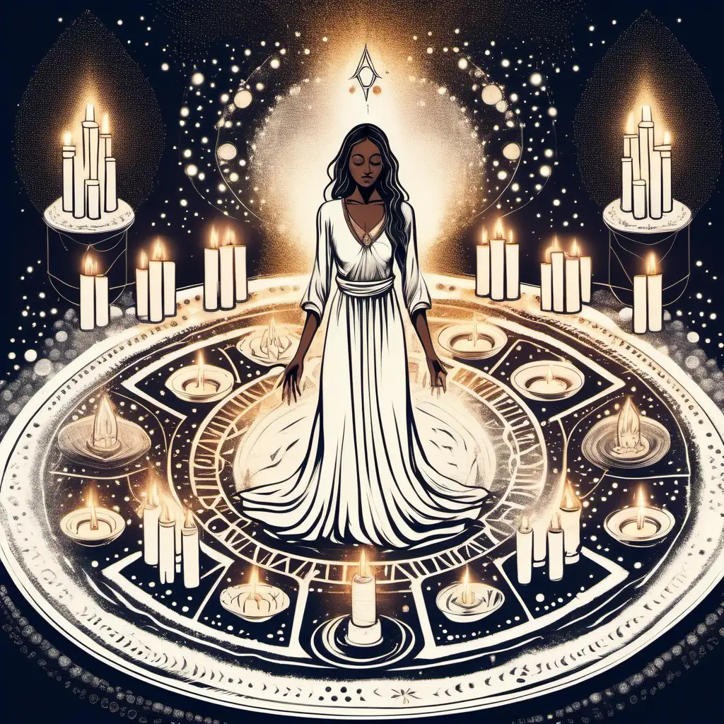 drawing of a woman in a white dress standing in the center circle of a spiritual ritual space. she is surrounded with crystals and candles. small potions, spiritual symbols. sacred mystic feeling